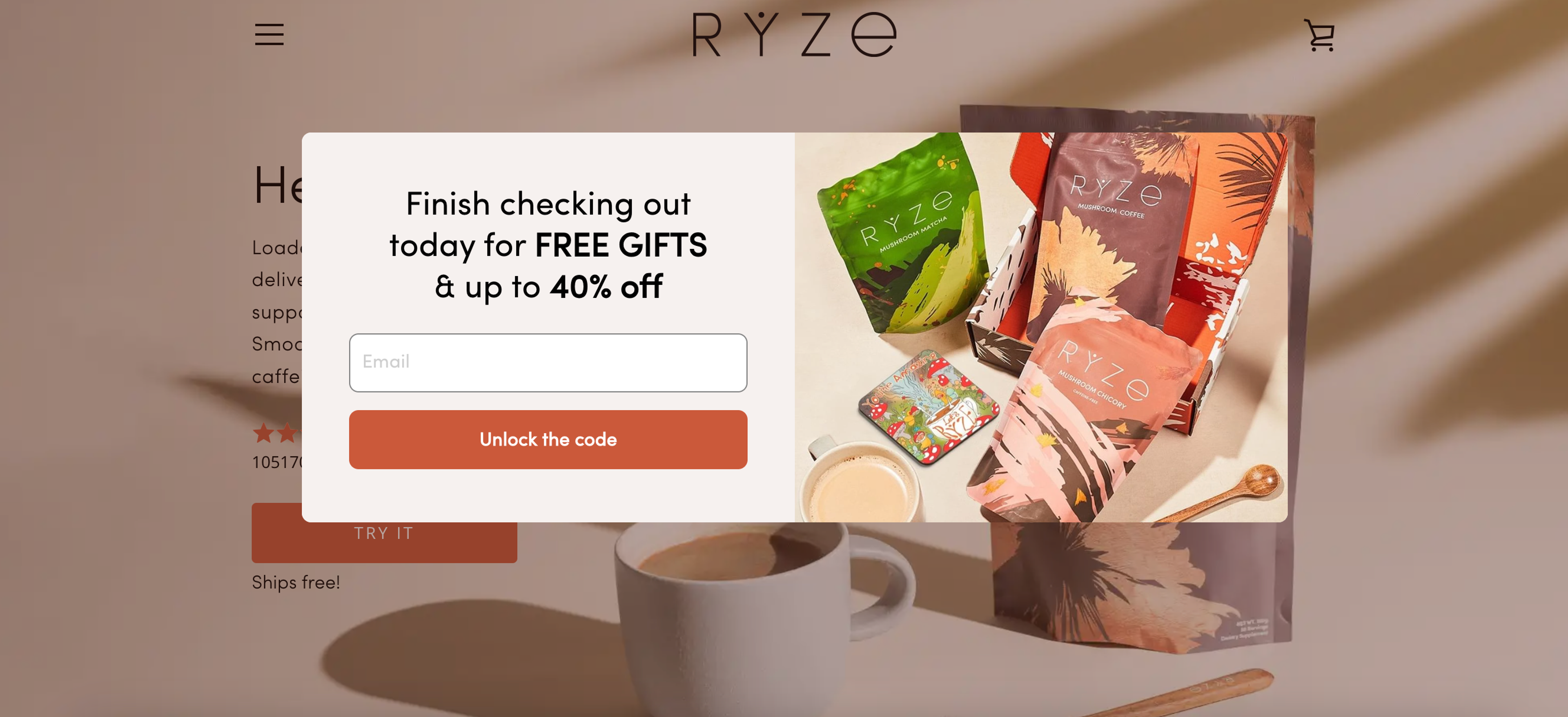 RYZE Mushroom Coffee's popup example offers a free gift and 40% off