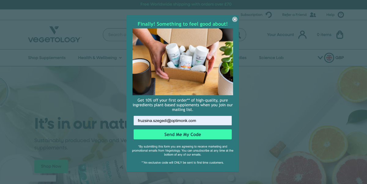 Vegetology's Klaviyo popup