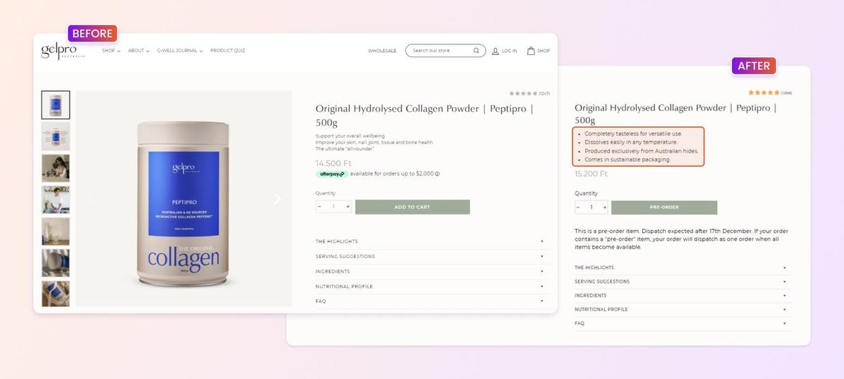 Gelpro product page before-after
