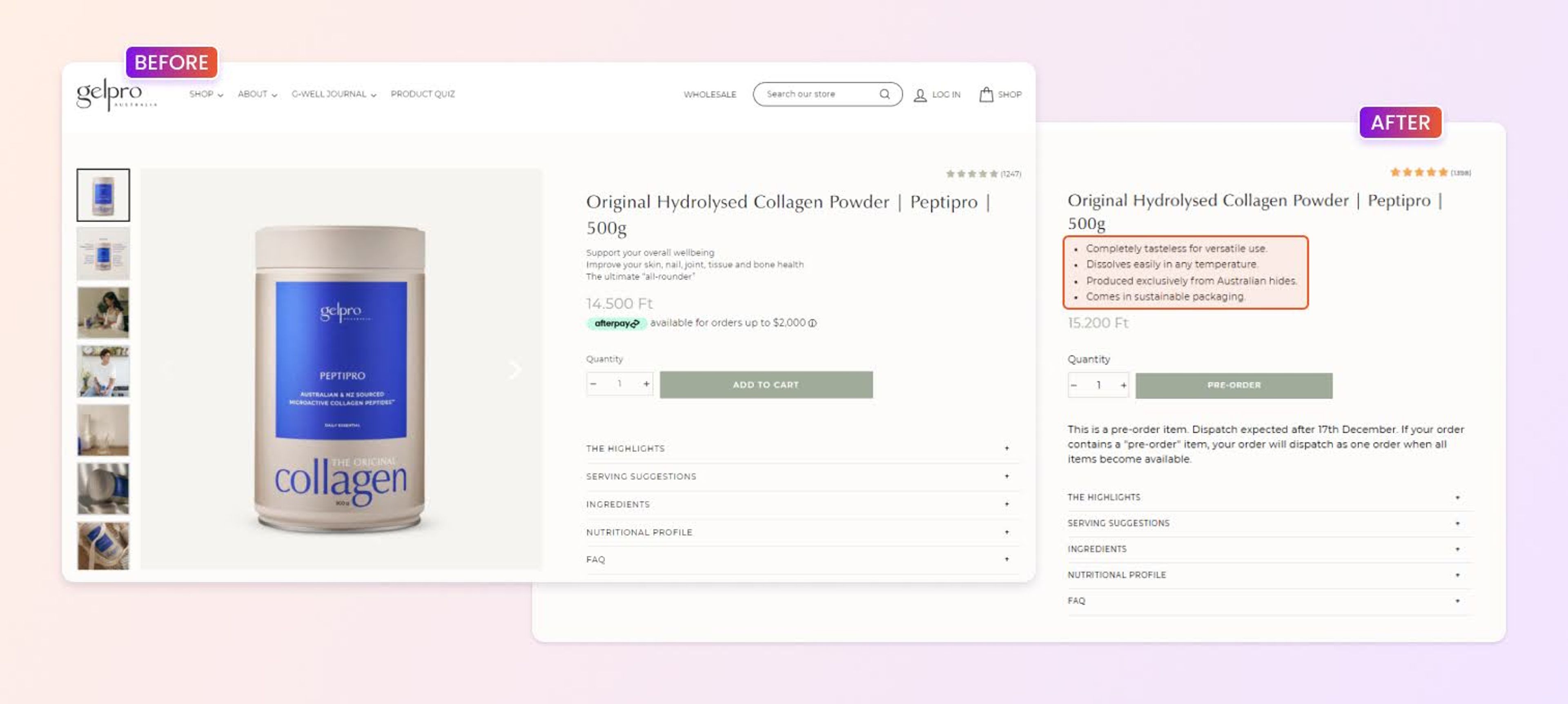 Gelpro product page before-after