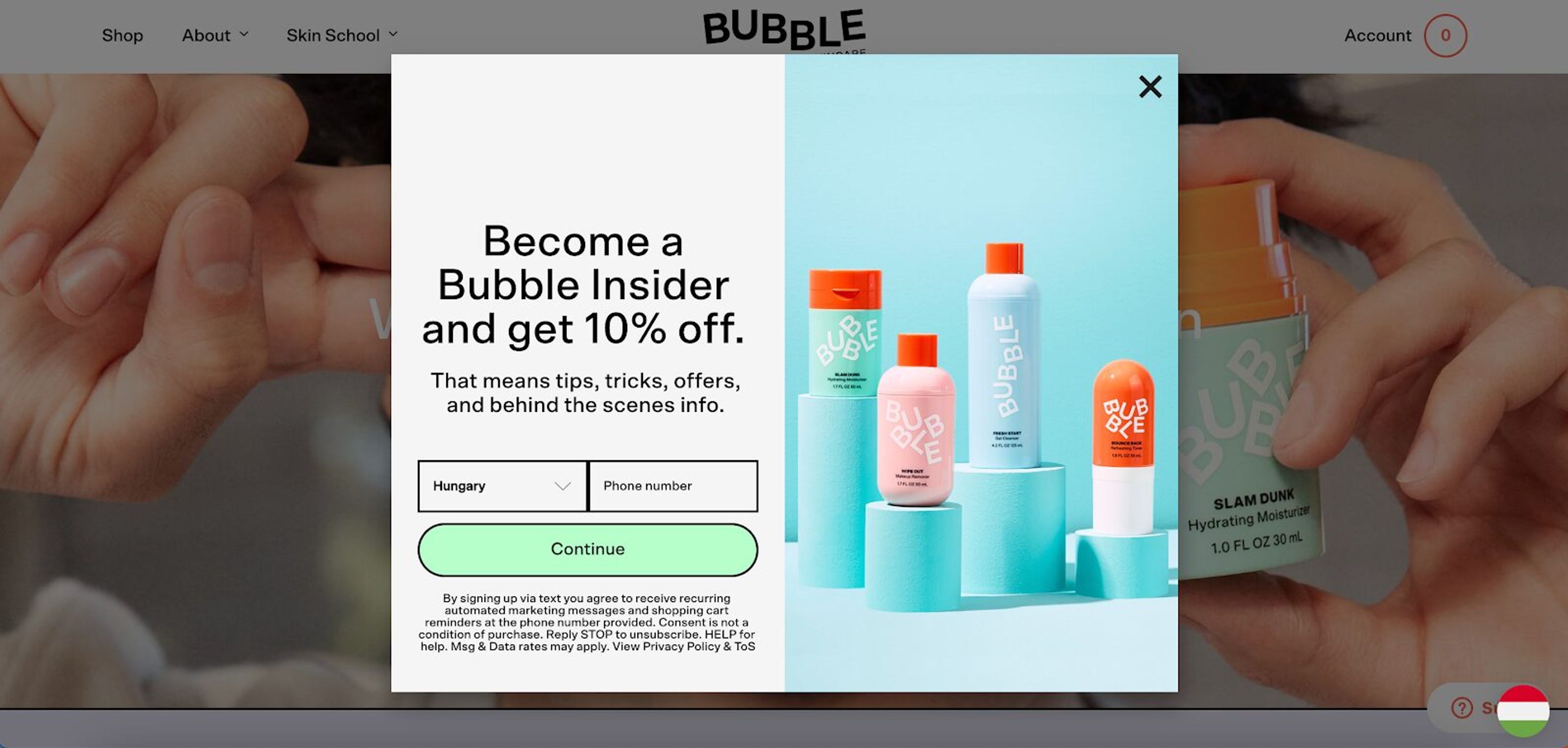Bubble Skincare collecting both email and SMS signups on their website.