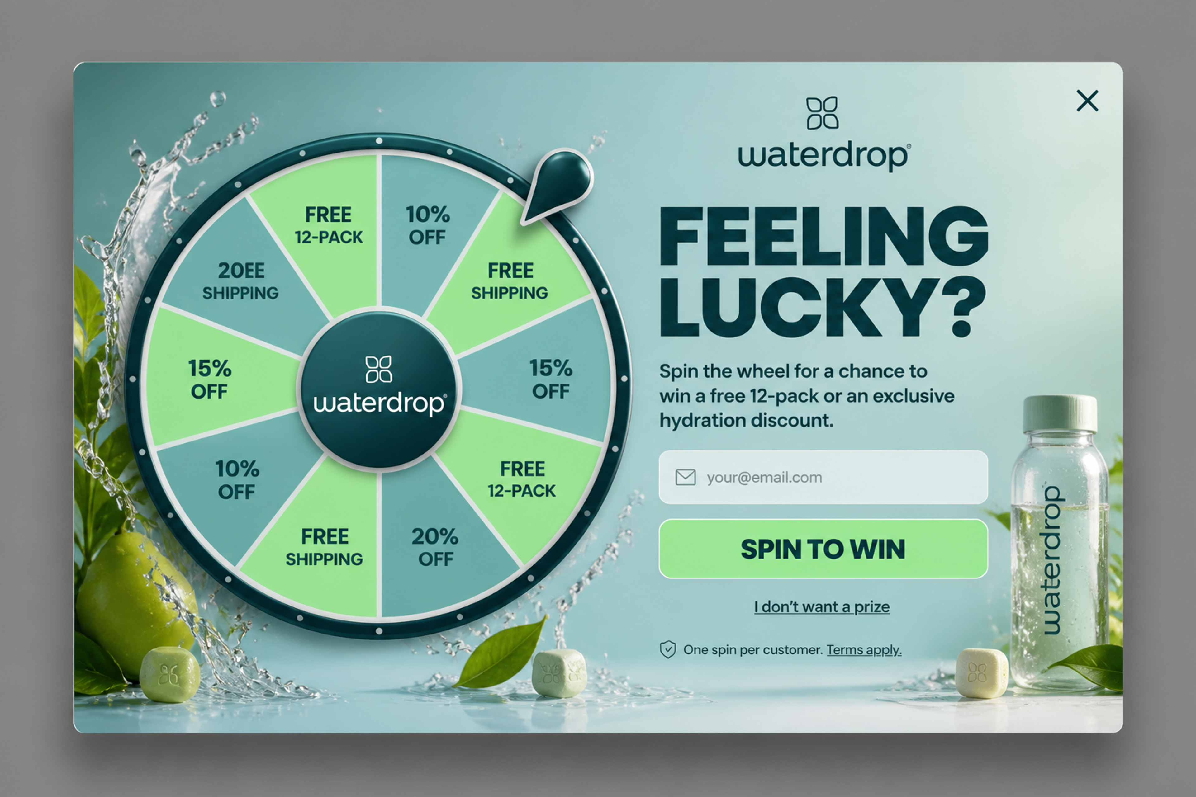 Spin-to-win popup asking "Feeling lucky?" with green slices offering a free 12-pack or a discount