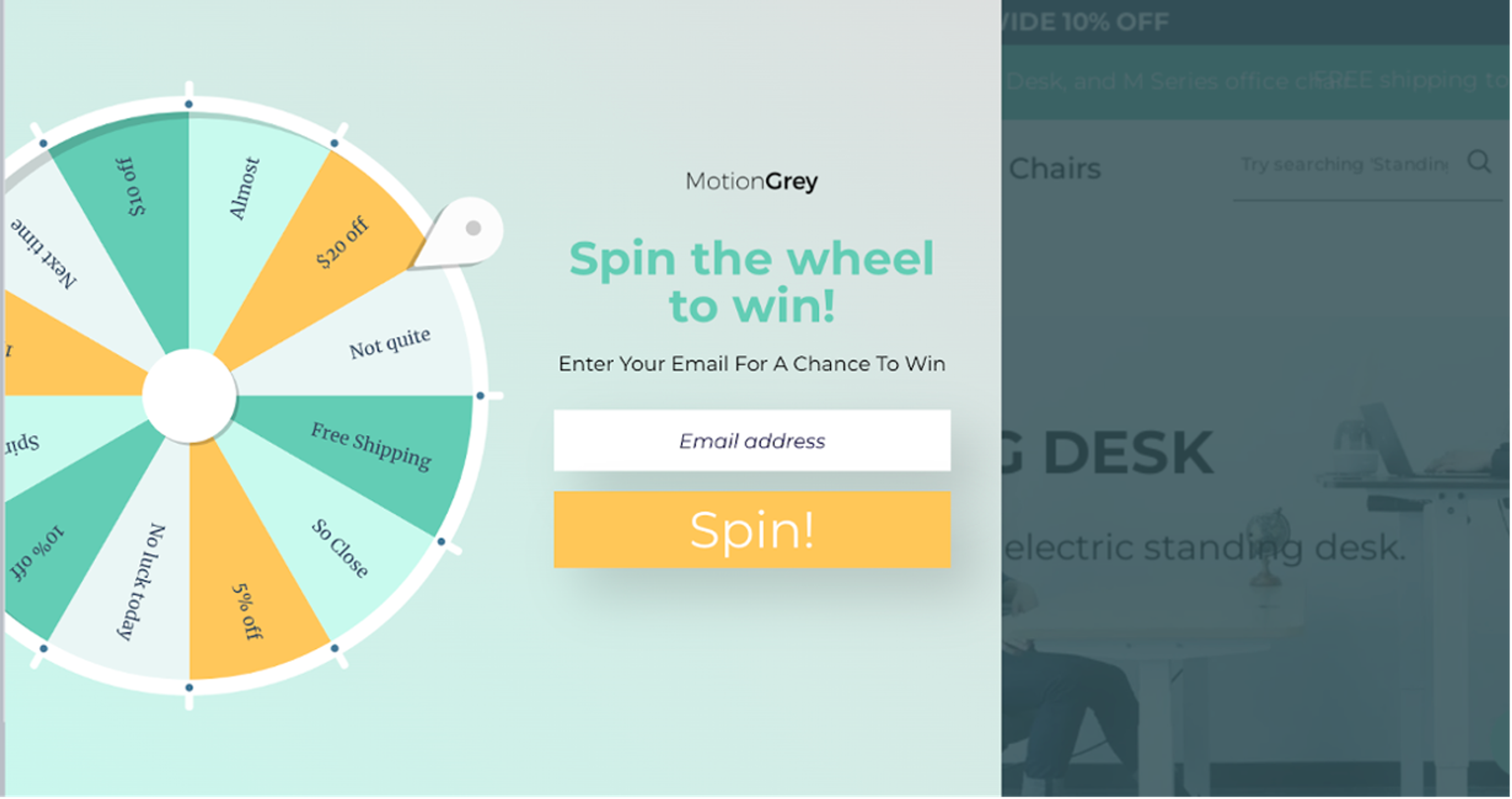 MotionGrey's spin-the-wheel popup offering discounts and free shipping with a vibrant, interactive design.