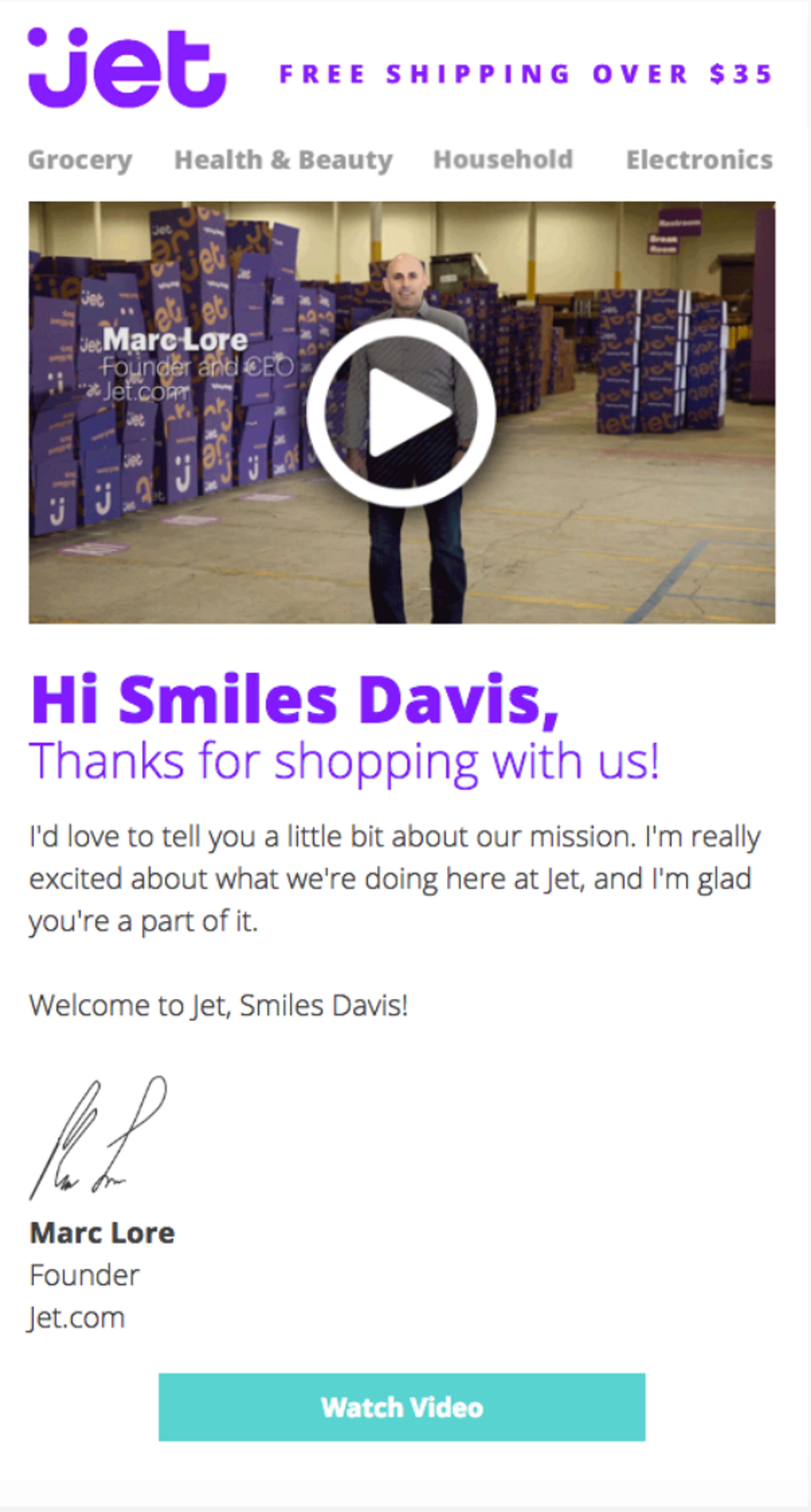 A welcome email from Jet, one of the different types of emails