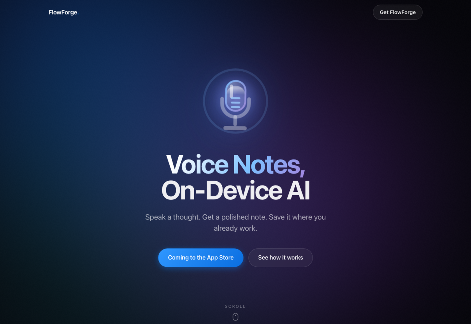 FlowForge Notes landing page hero with glass microphone mark, aurora background, and Voice Notes On-Device AI headline