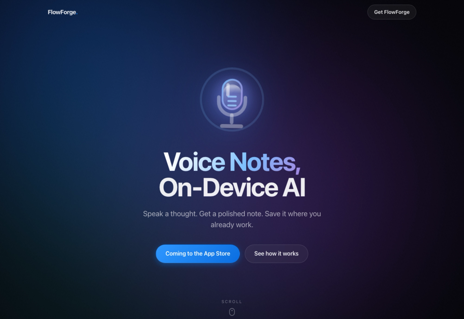 FlowForge Notes landing page hero with glass microphone mark, aurora background, and Voice Notes On-Device AI headline