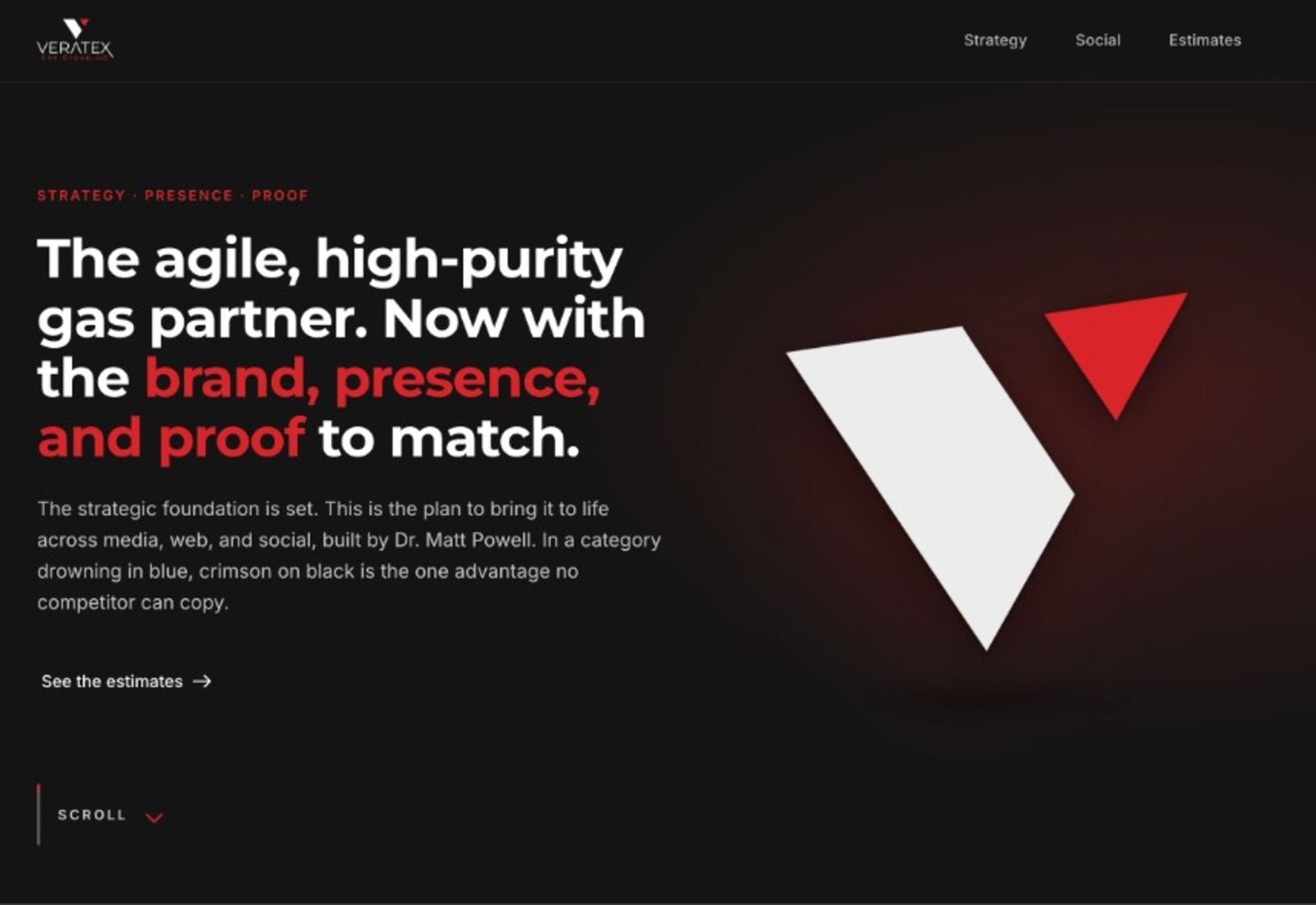 Veratex Gas Group landing page hero with the red and white V mark on a near-black field