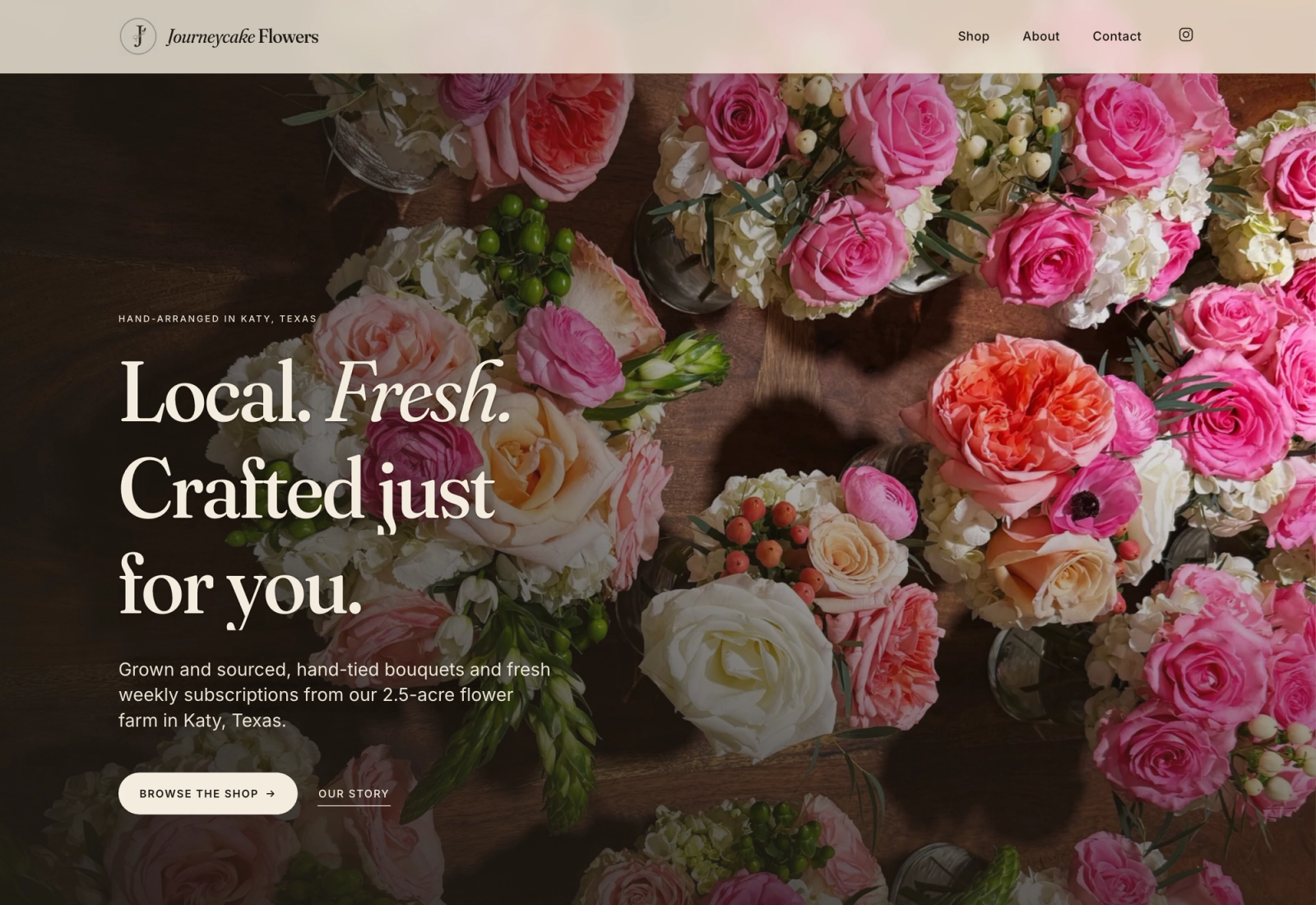Journeycake Flowers homepage hero with hand-tied rose bouquets photographed from above