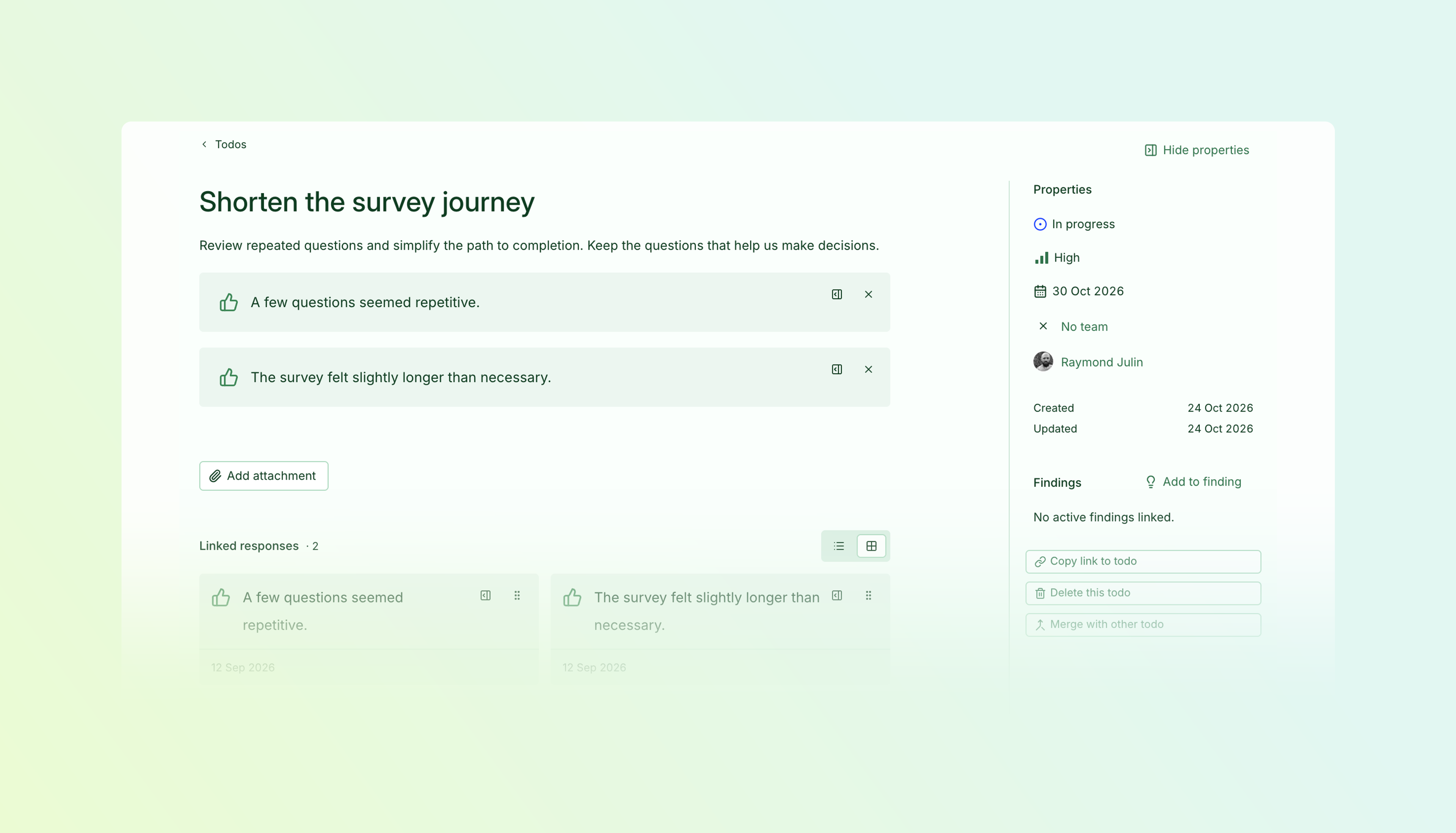 Todo details for “Shorten the survey journey”, showing linked feedback, an assignee, high priority, a due date and an in-progress status.