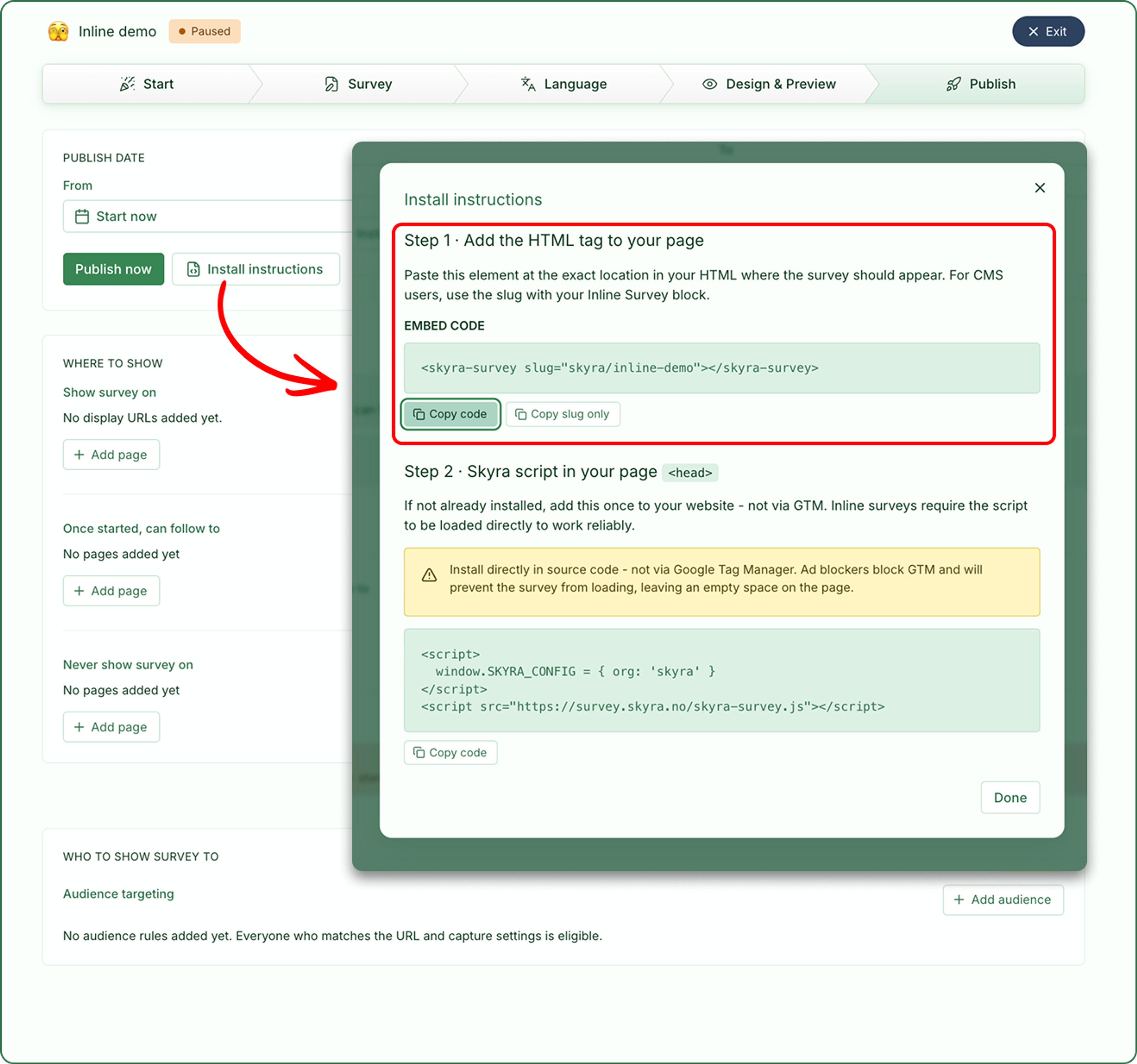 Illustrasjon: Publiserer en Inline-survey (embedded)