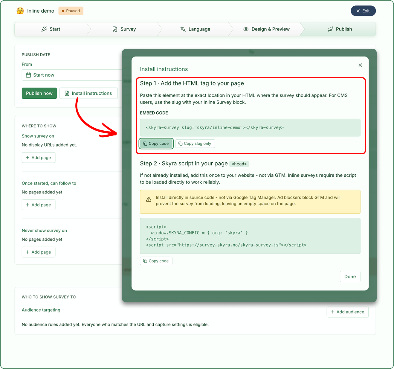 Illustrasjon: Publiserer en Inline-survey (embedded)