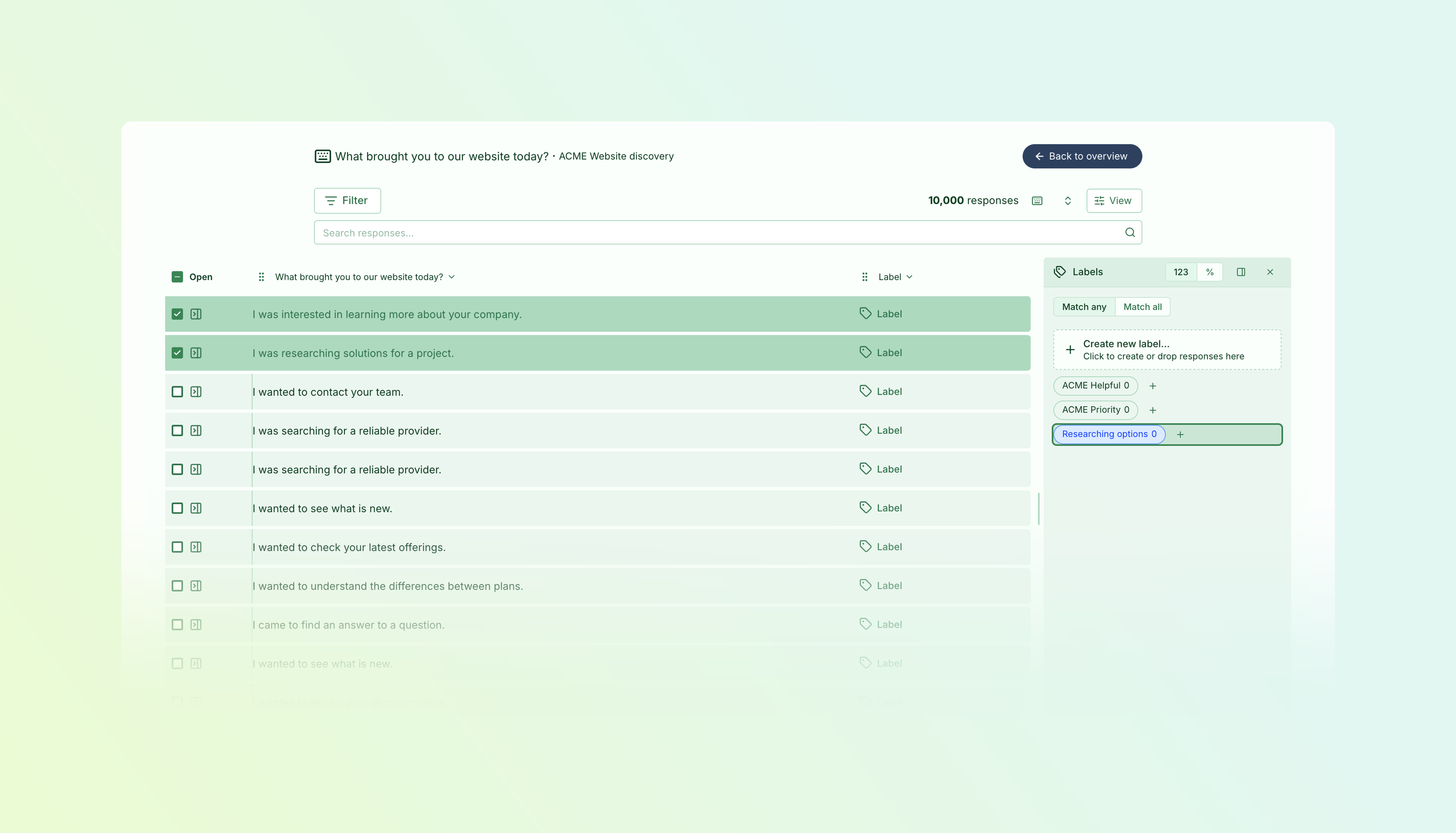 A focused question view with two selected free-text responses and the Researching options label highlighted as a drag-and-drop target.