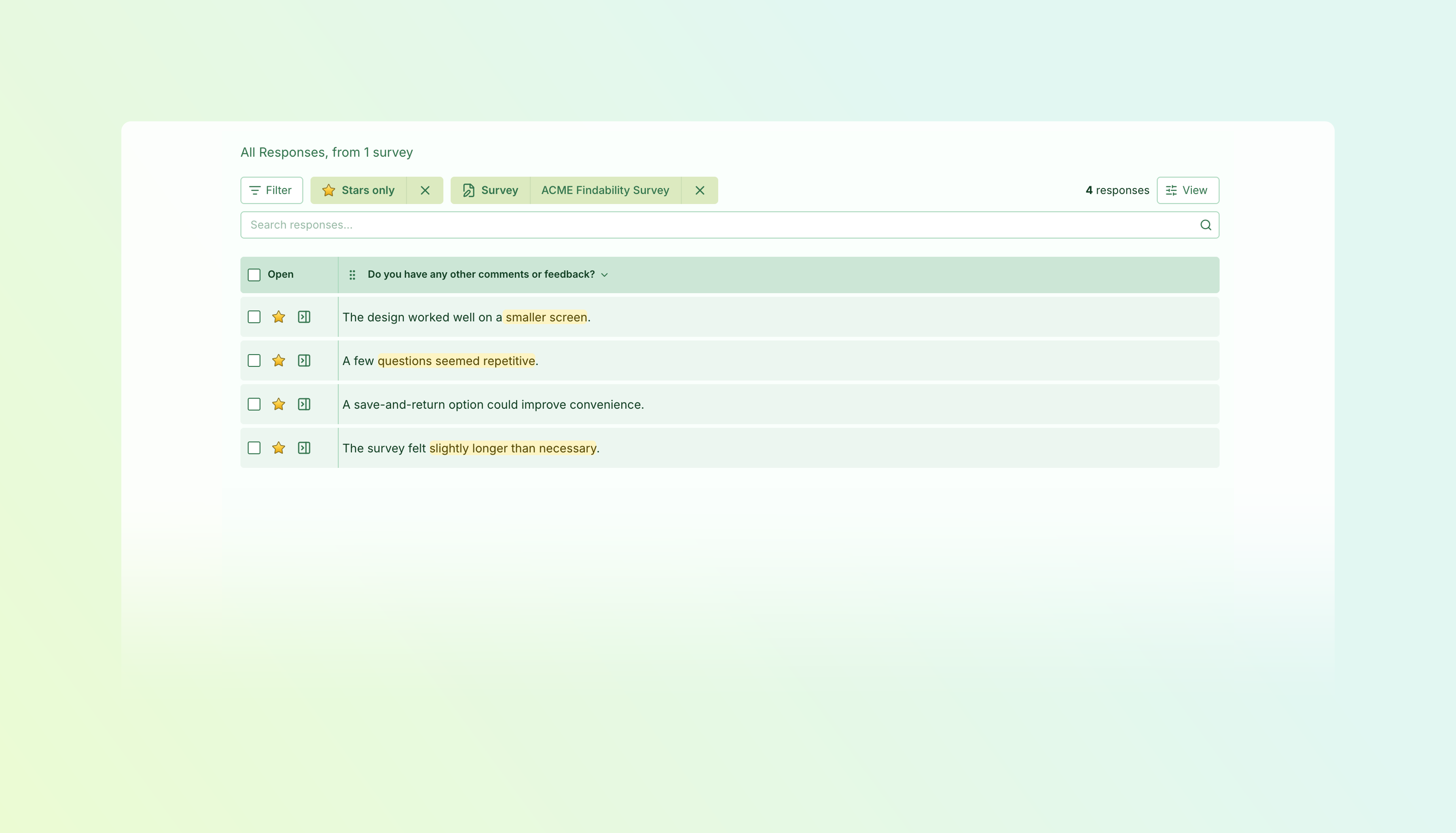 Four starred survey responses, with passages about smaller screens, repetitive questions and survey length highlighted.