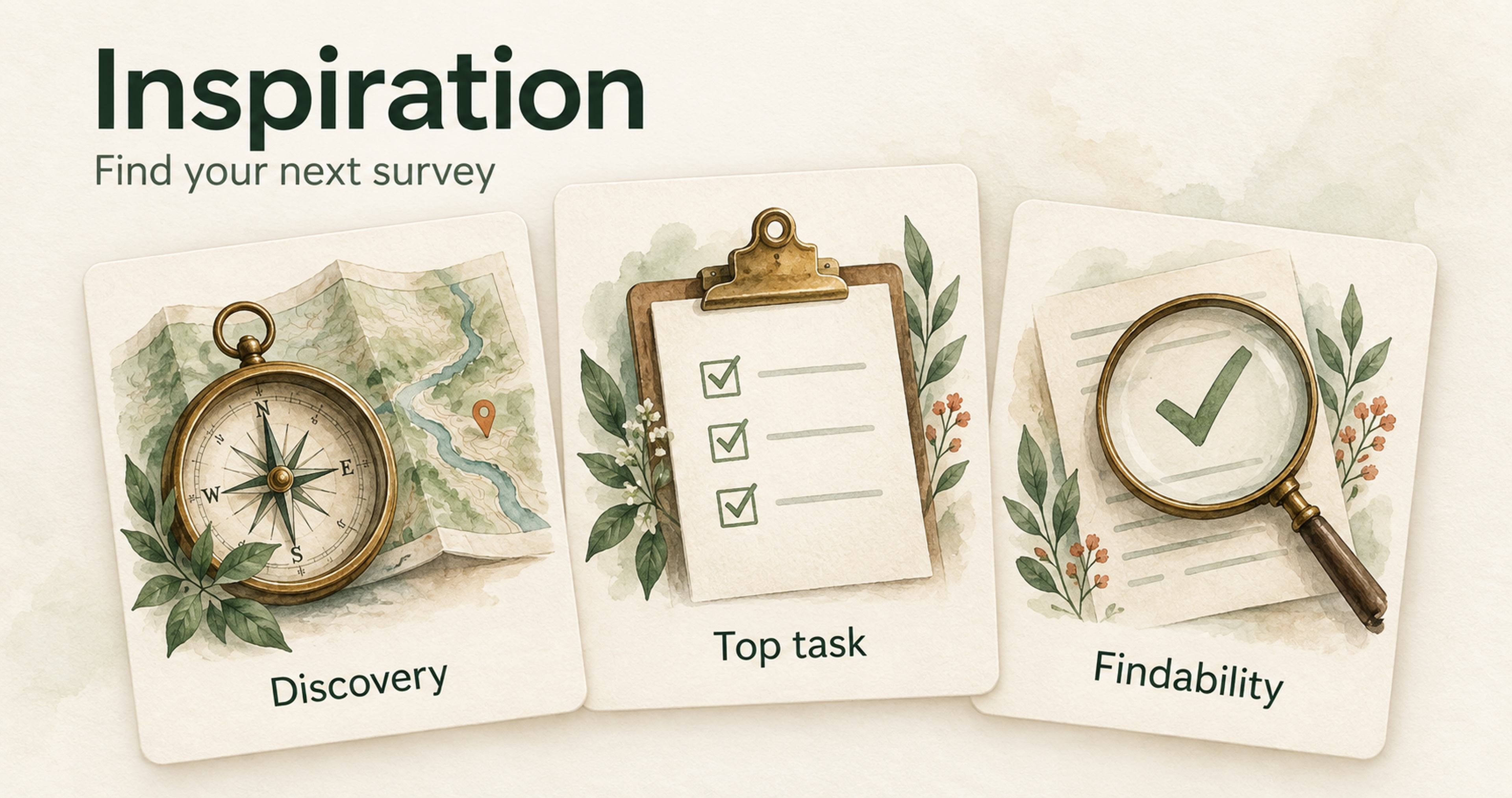 Illustrated Discovery, Top task, and Findability cards beneath the heading Inspiration.