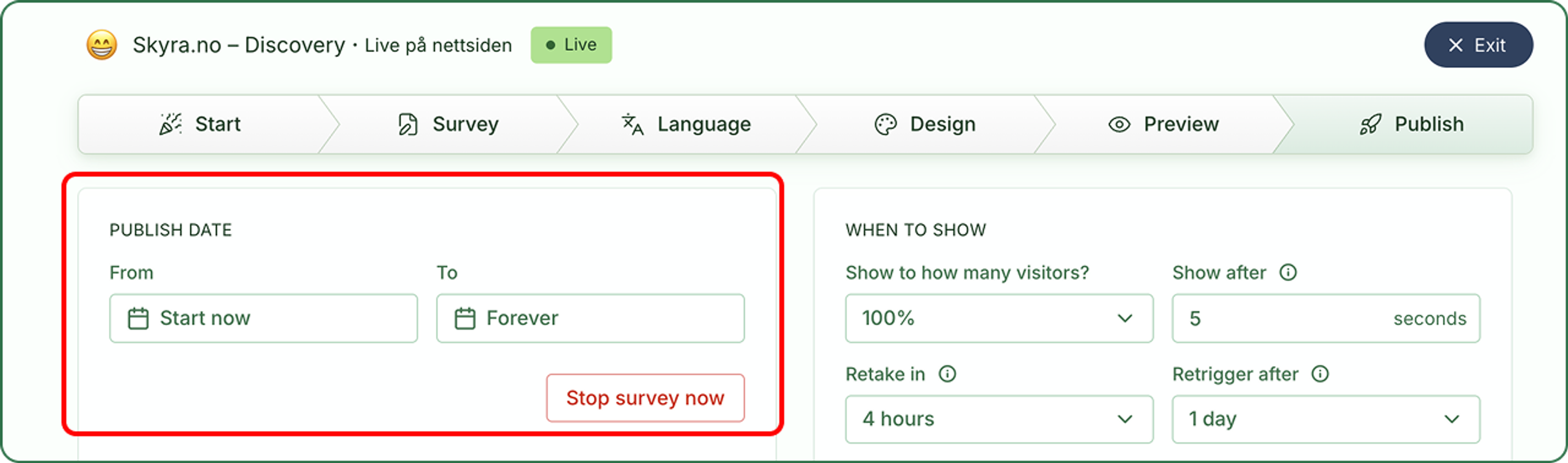 Publish date med feltene From og To for start- og sluttdato og knappen Stop survey now.