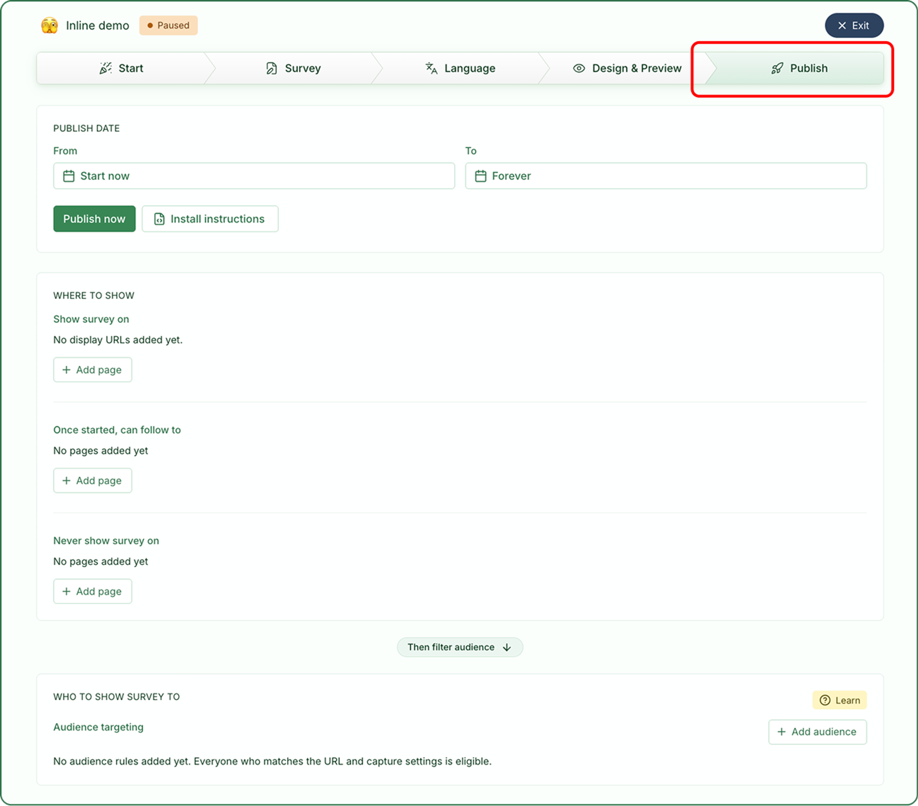 Illustrasjon: Publiserer en Inline-survey (embedded)