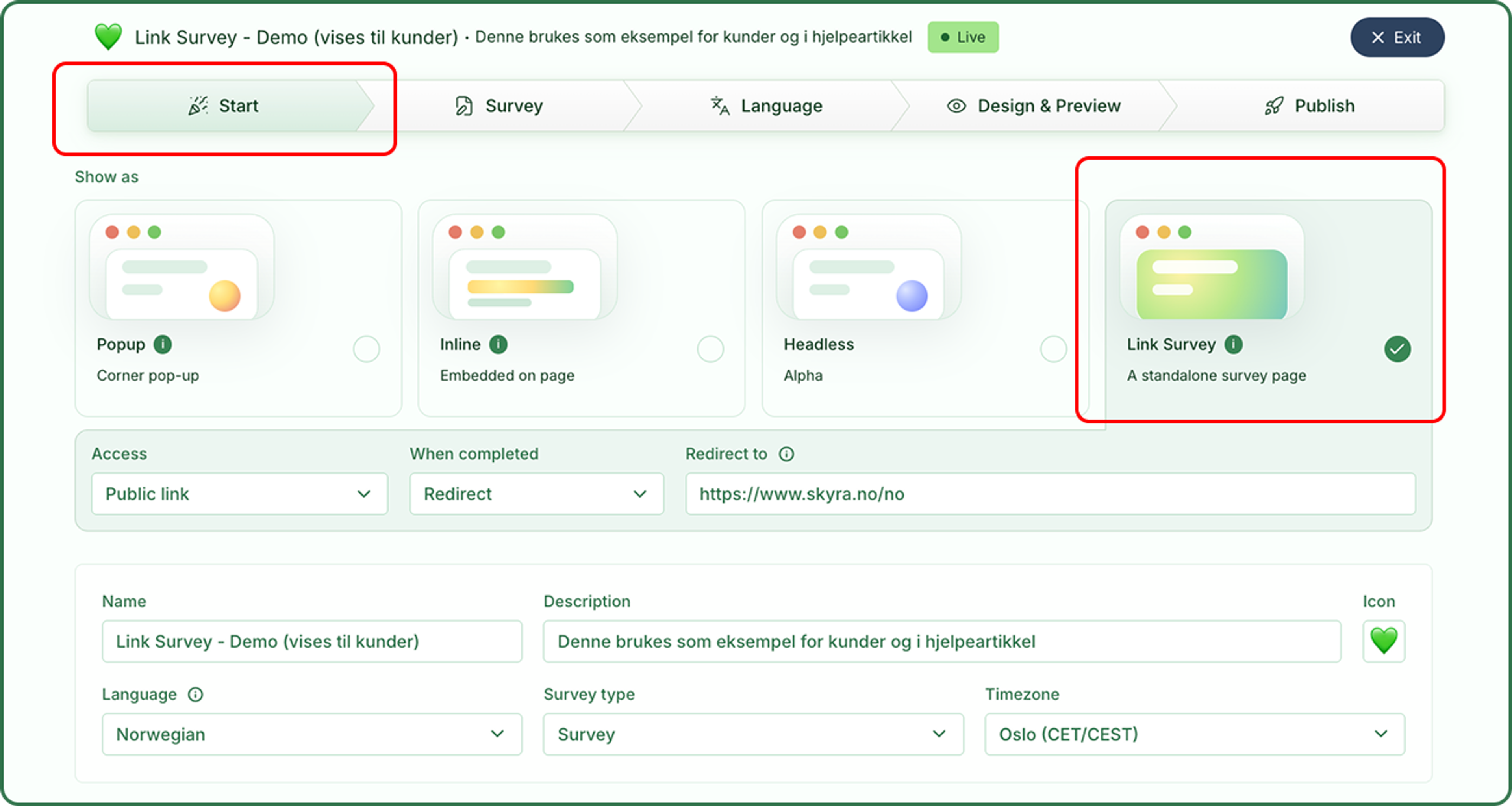 Illustrasjon: Opprett en Link Survey