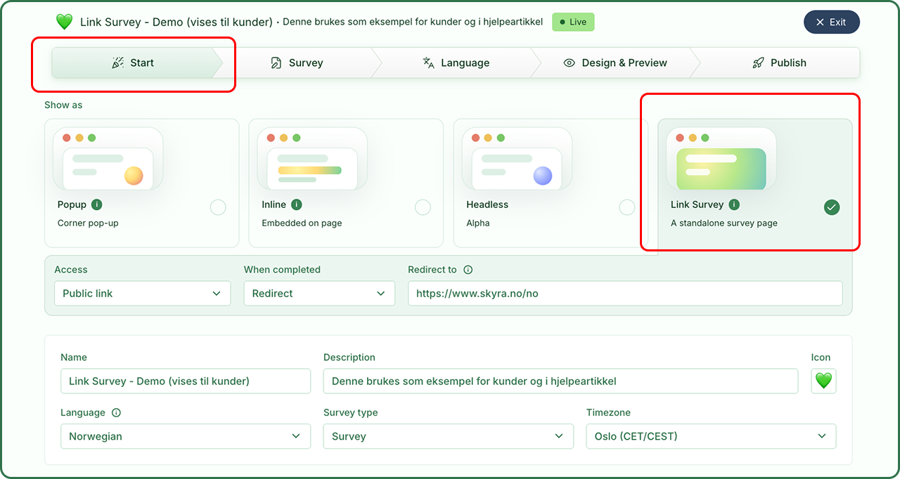 Illustrasjon: Opprett en Link Survey