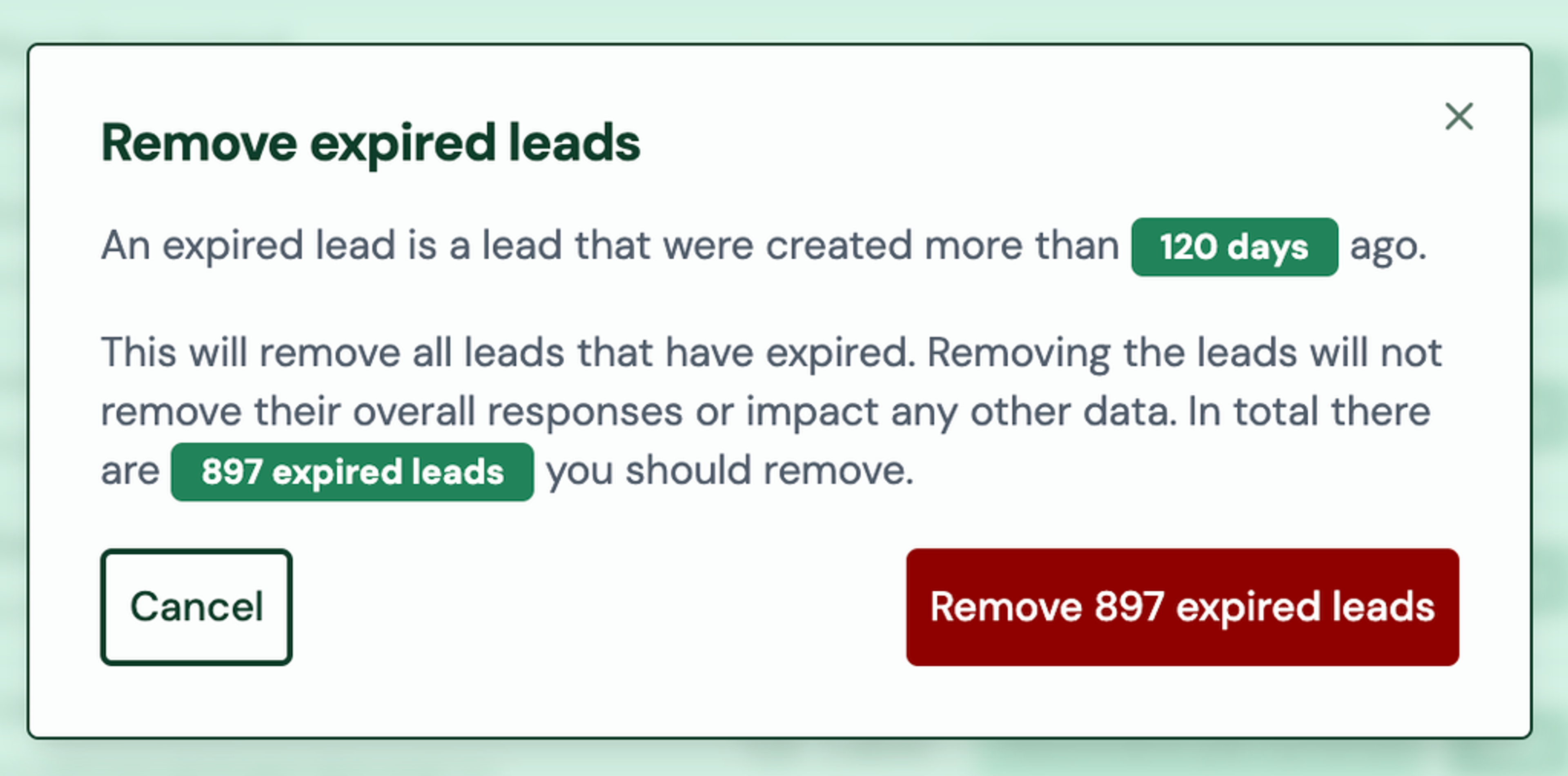 Screenshot: 1.2 Recruitment leads purging