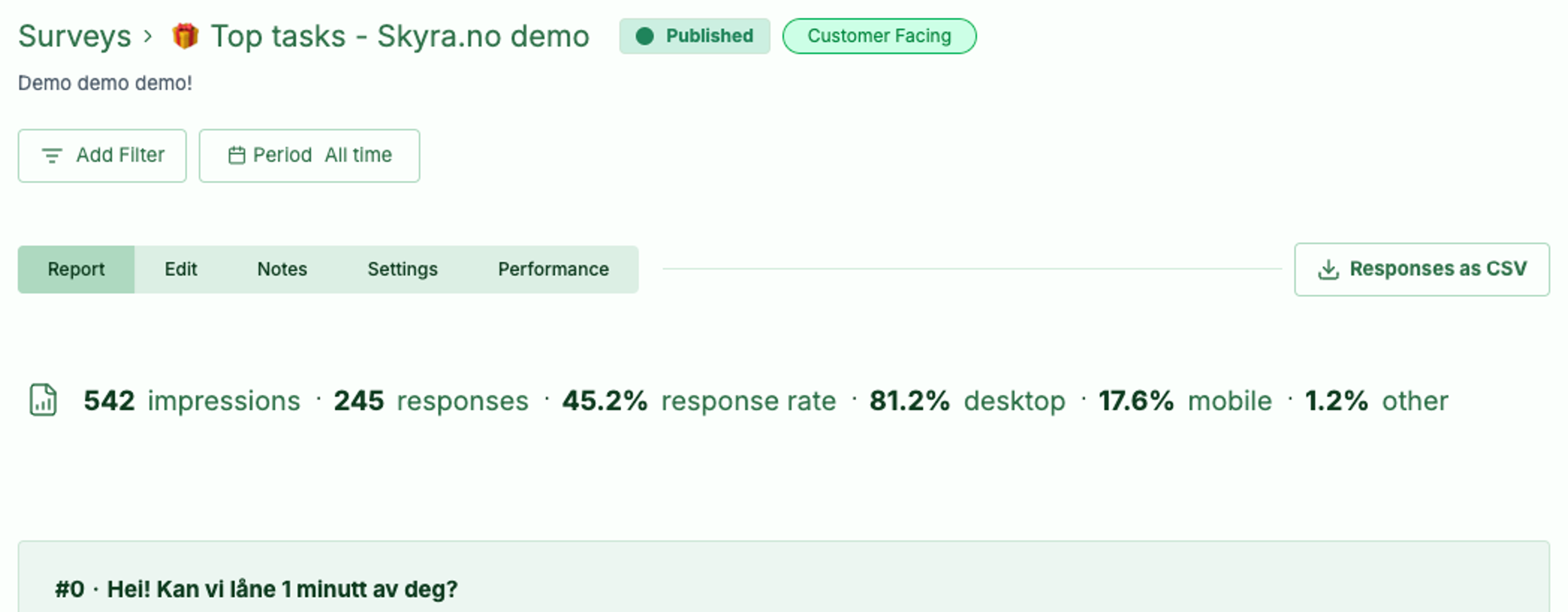 Screenshot: 1.0 Survey report