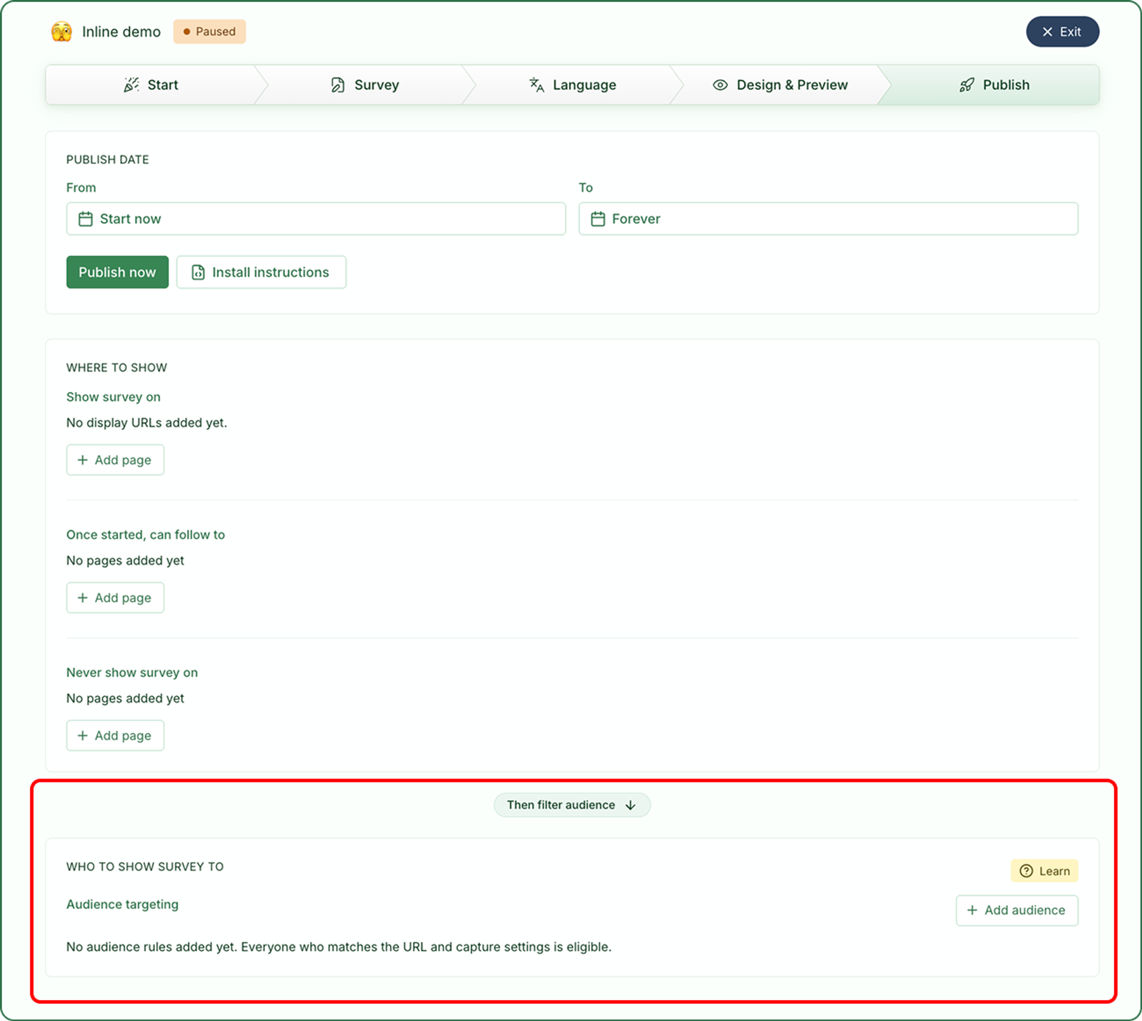 Illustrasjon: Publiserer en Inline-survey (embedded)