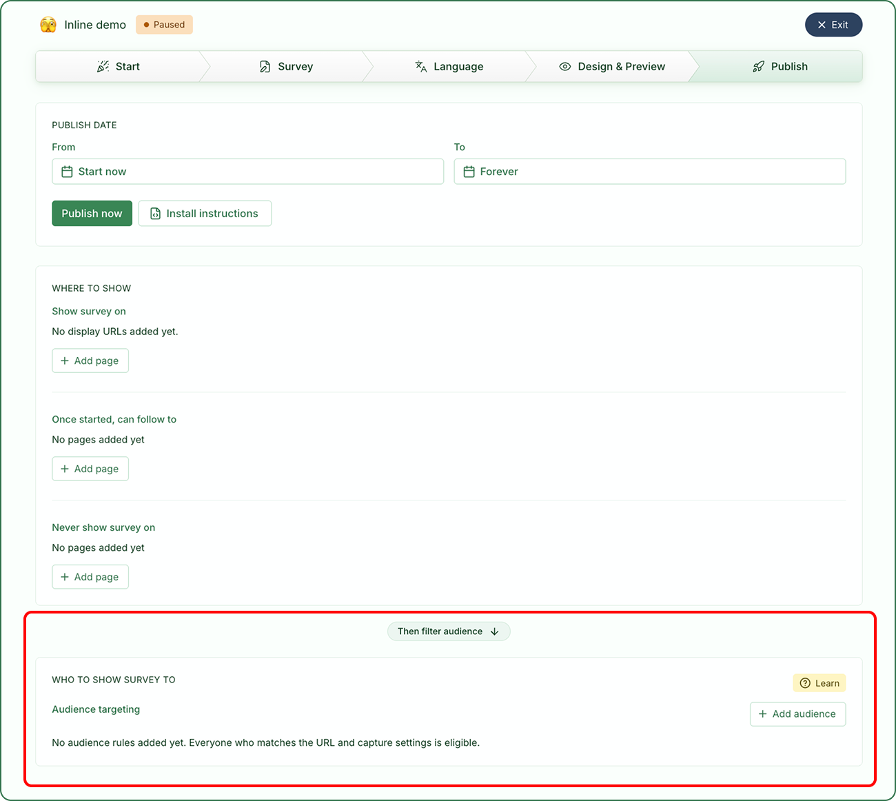Illustrasjon: Publiserer en Inline-survey (embedded)