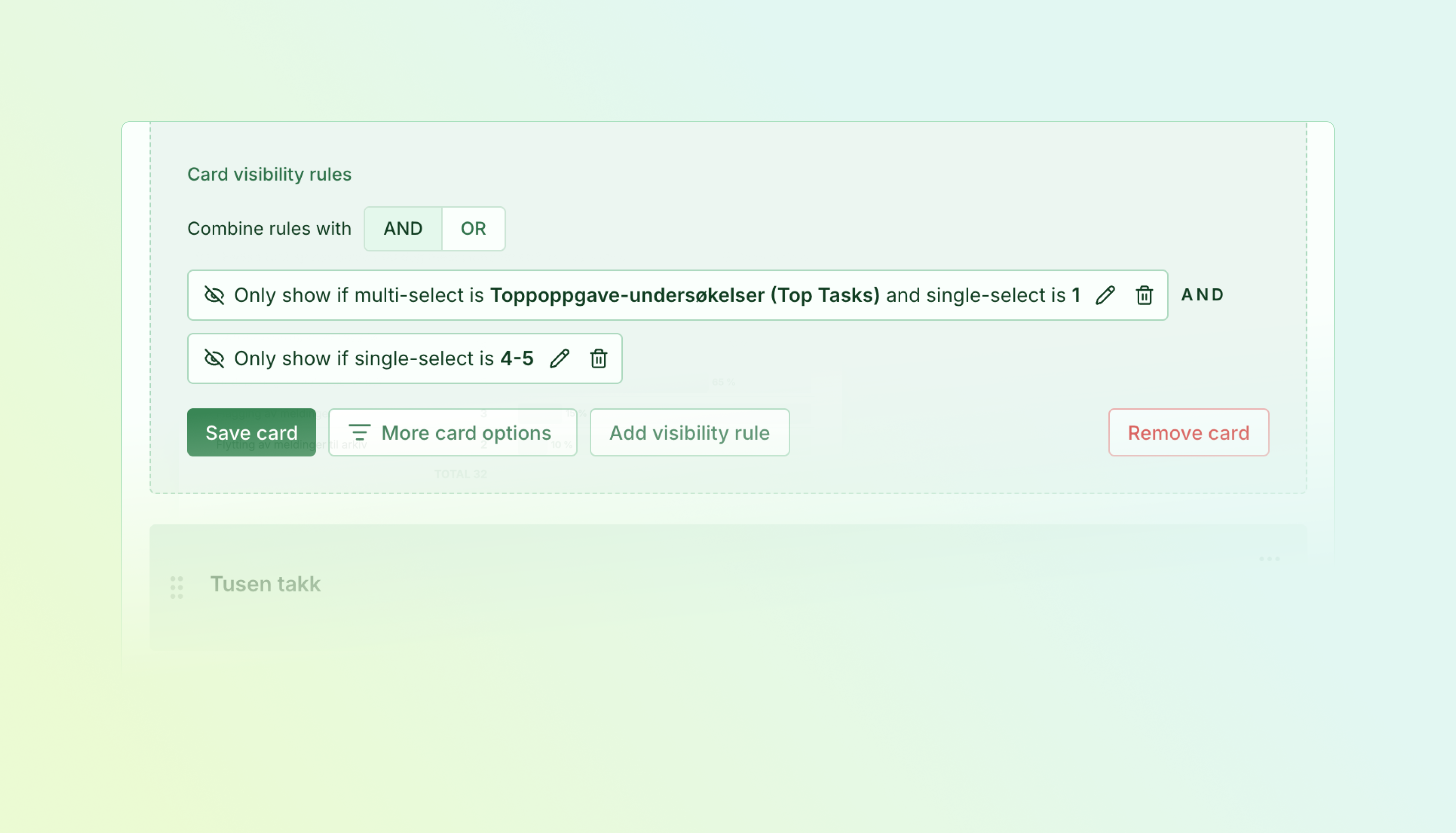 AND/OR toggle in the card visibility rules editor