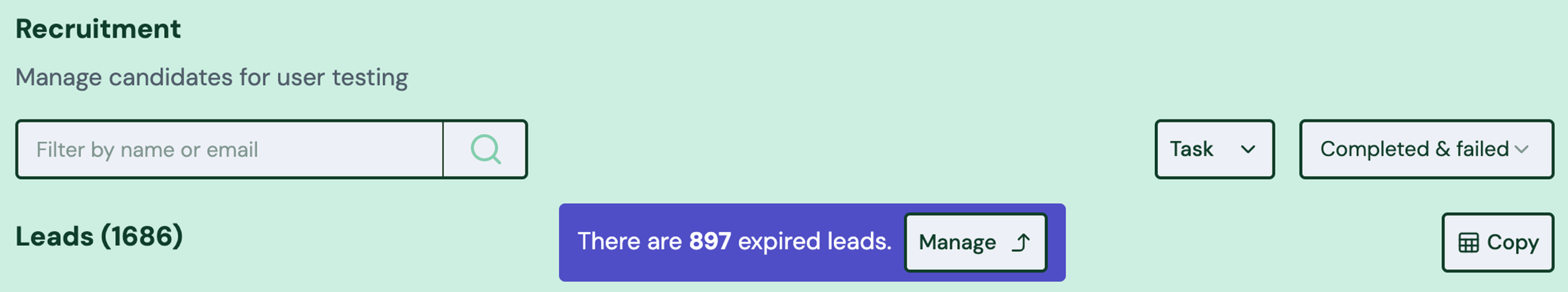 Screenshot: 1.2 Recruitment leads purging