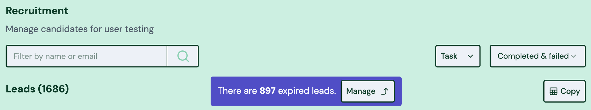 Screenshot: 1.2 Recruitment leads purging