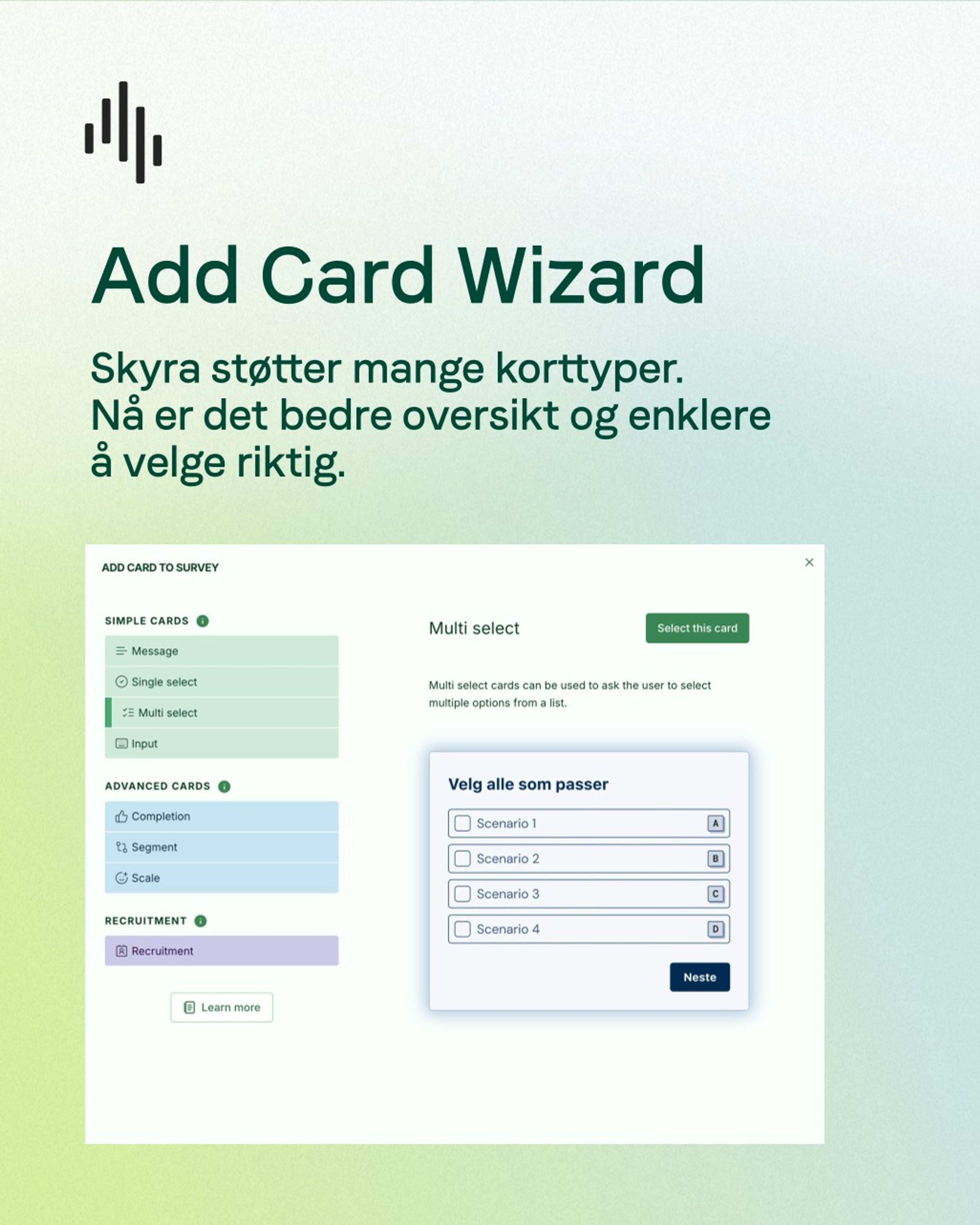 Add Card Wizard i Skyra, med korttyper, flervalgskort og forhåndsvisning av spørsmål.