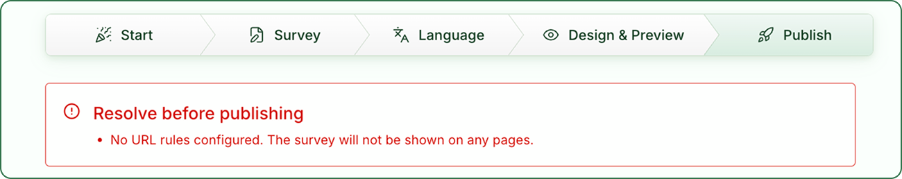 Publiseringsvarsel: Ingen URL-regler er konfigurert, så undersøkelsen vises ikke på noen sider.