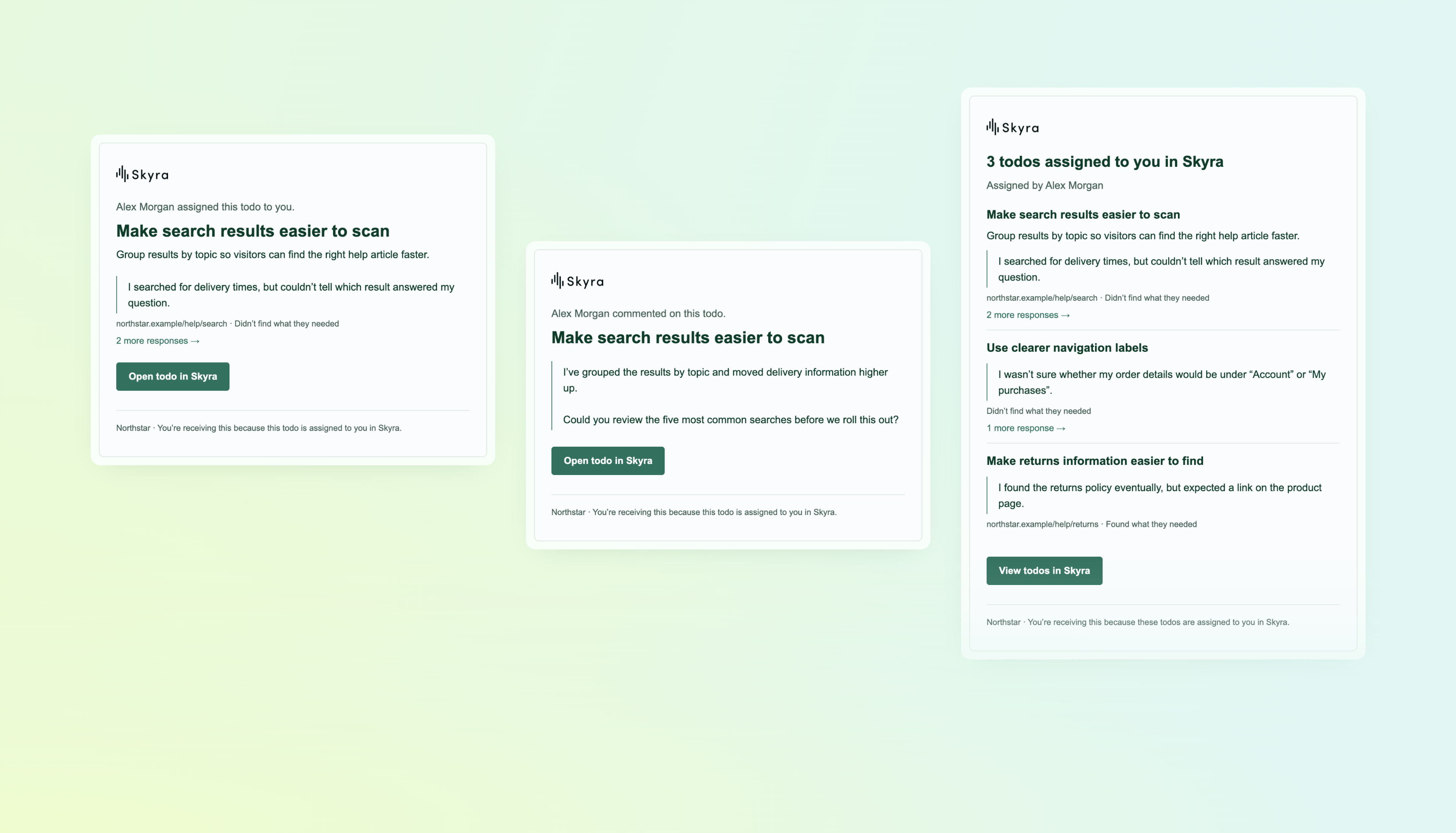 Skyra assignment, comment, and grouped update emails for the fictional Northstar team, arranged on a pale green background.