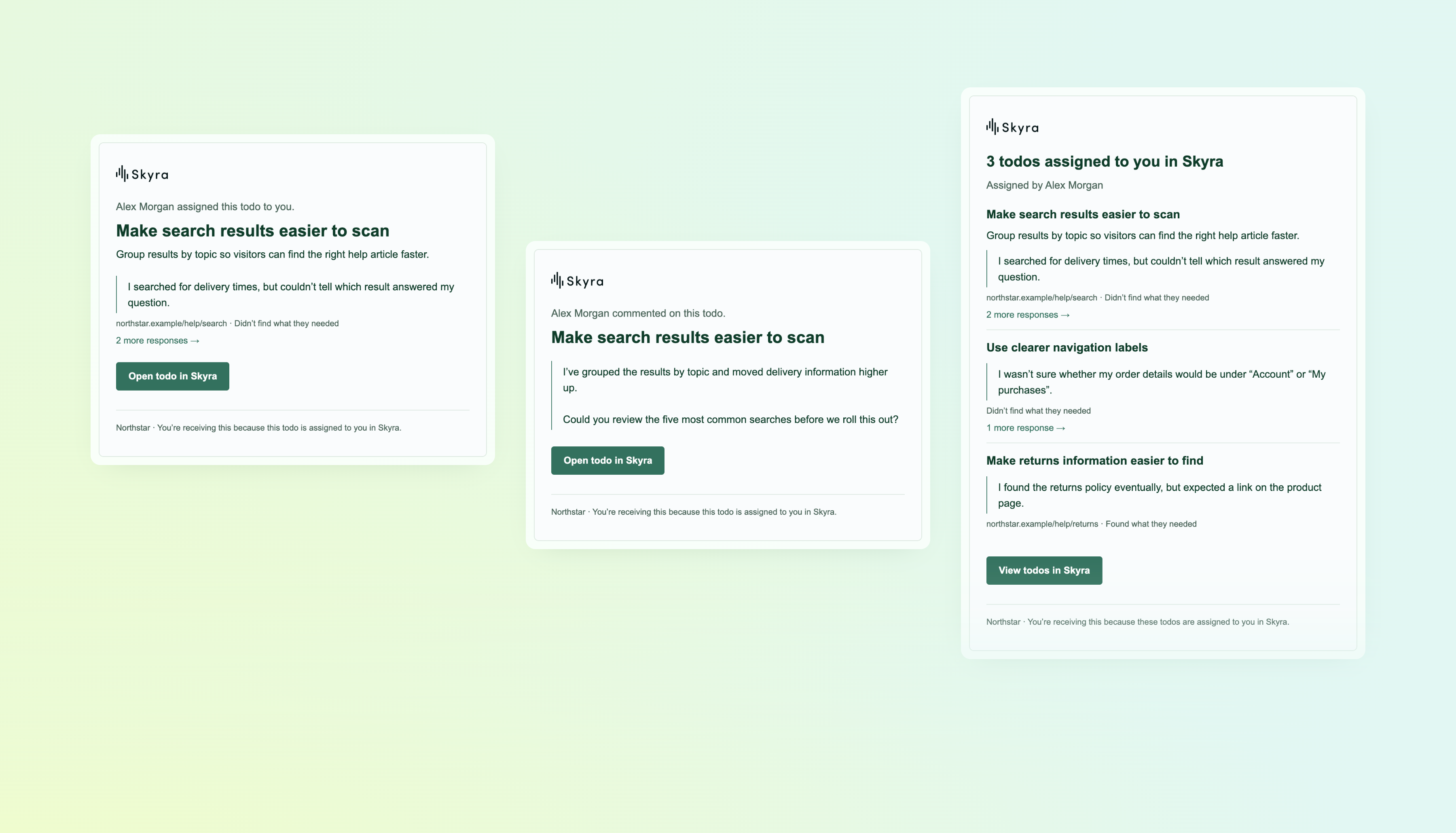 Skyra assignment, comment, and grouped update emails for the fictional Northstar team, arranged on a pale green background.