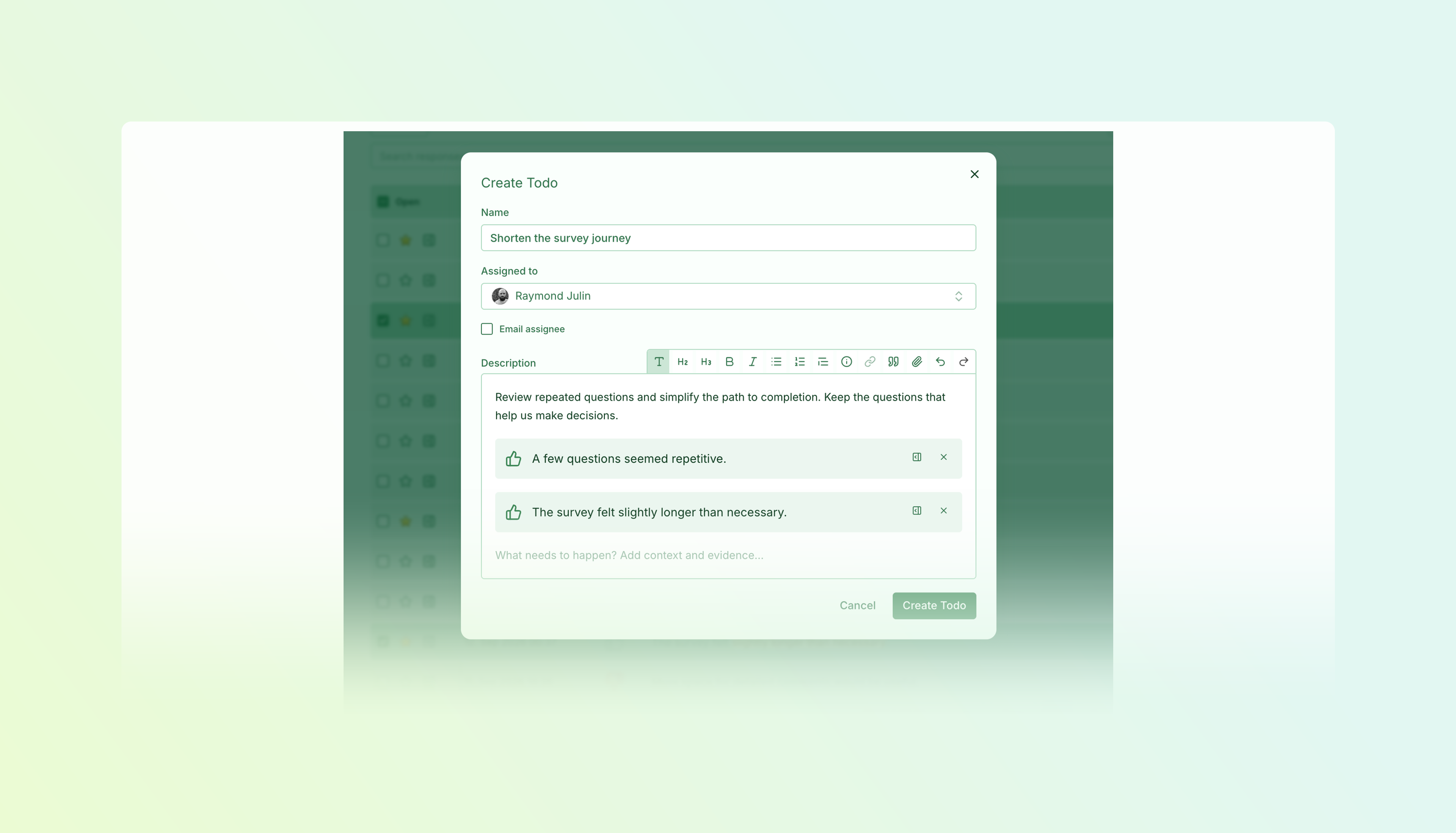 The Create Todo dialog with a title, assignee, description and two selected responses included as evidence.