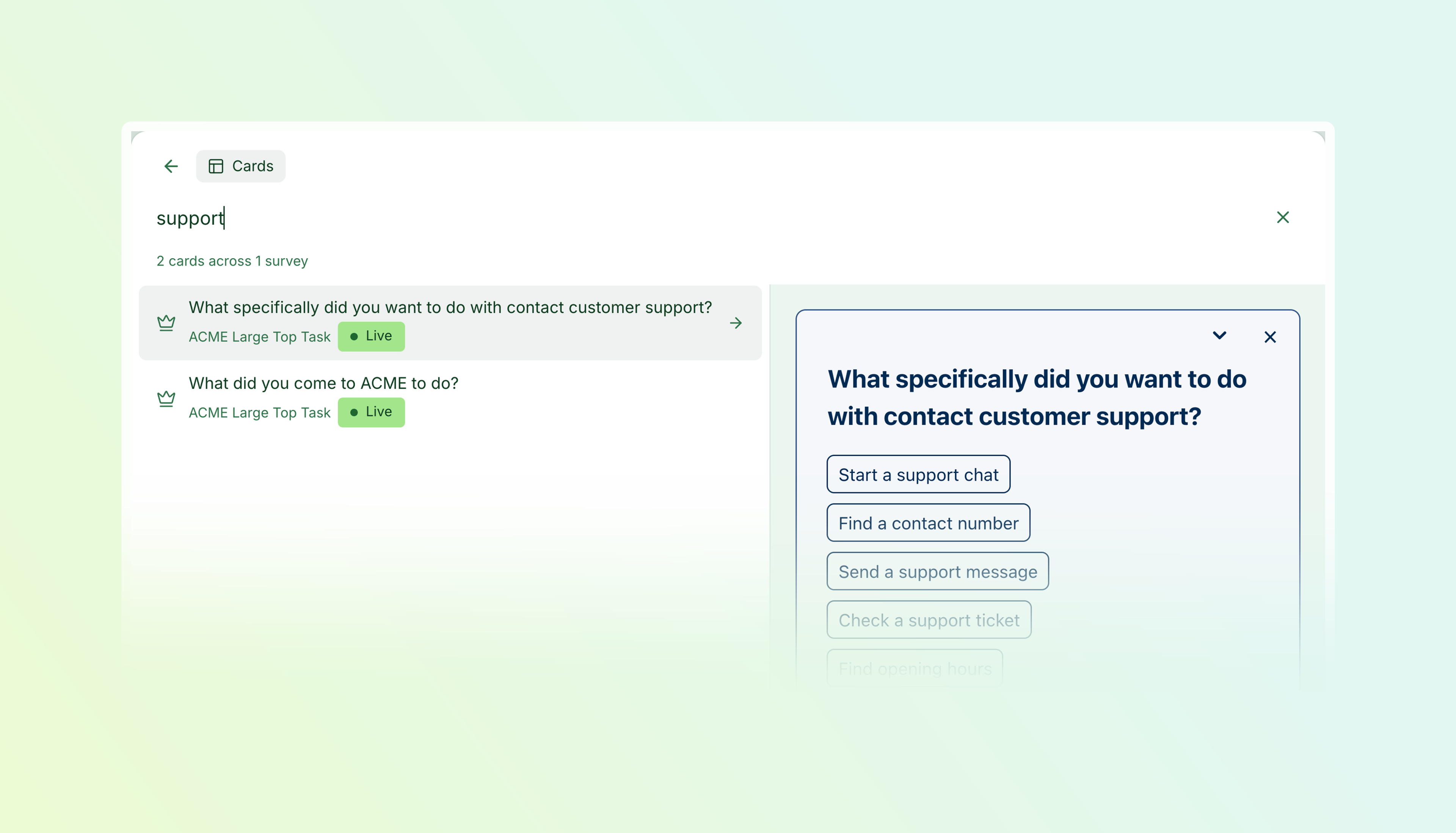 Card search results for support, showing two matching questions and a preview of the selected question with its answer options.