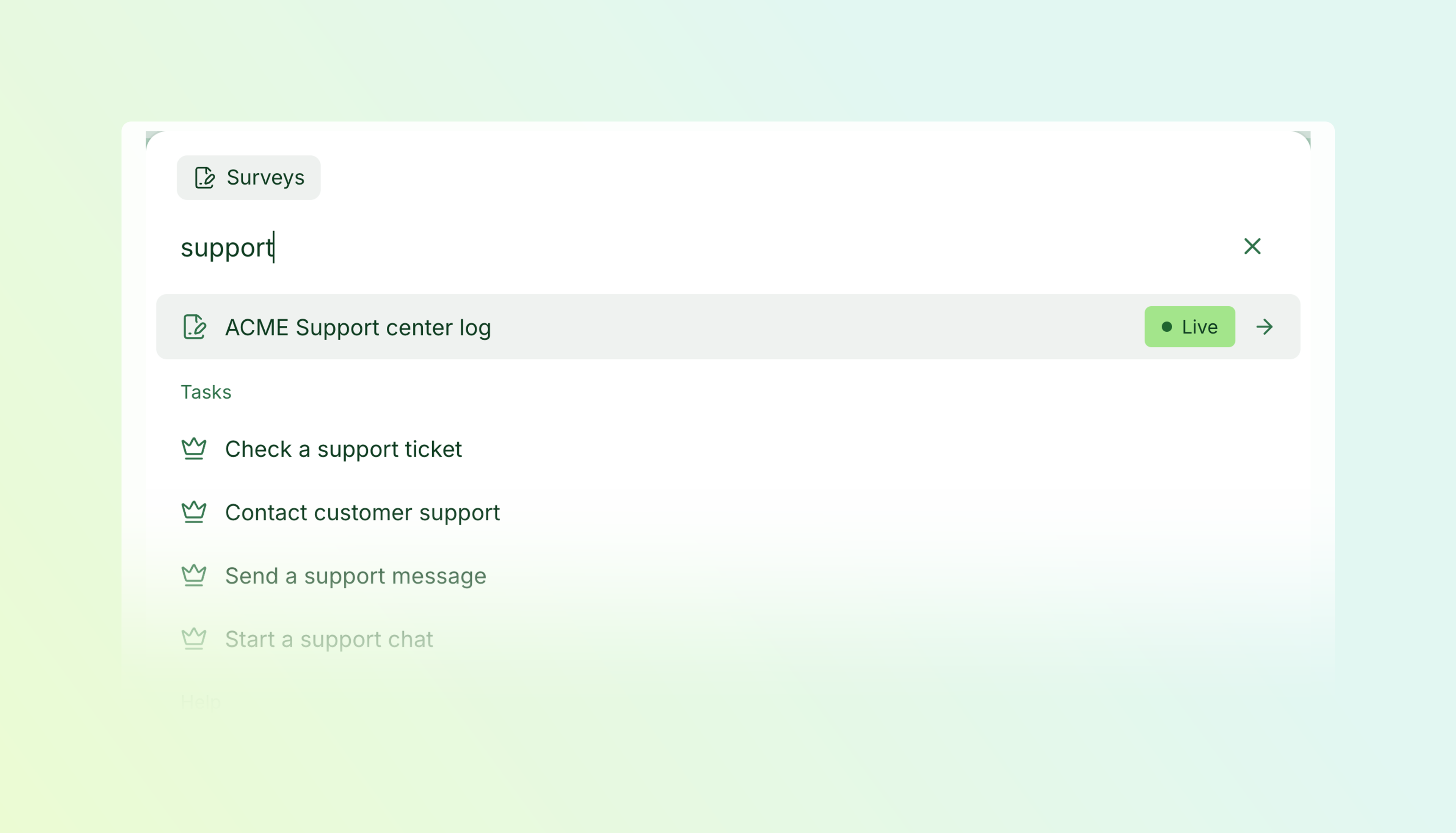 Searching for support in the command palette shows the ACME Support center log survey and related tasks.