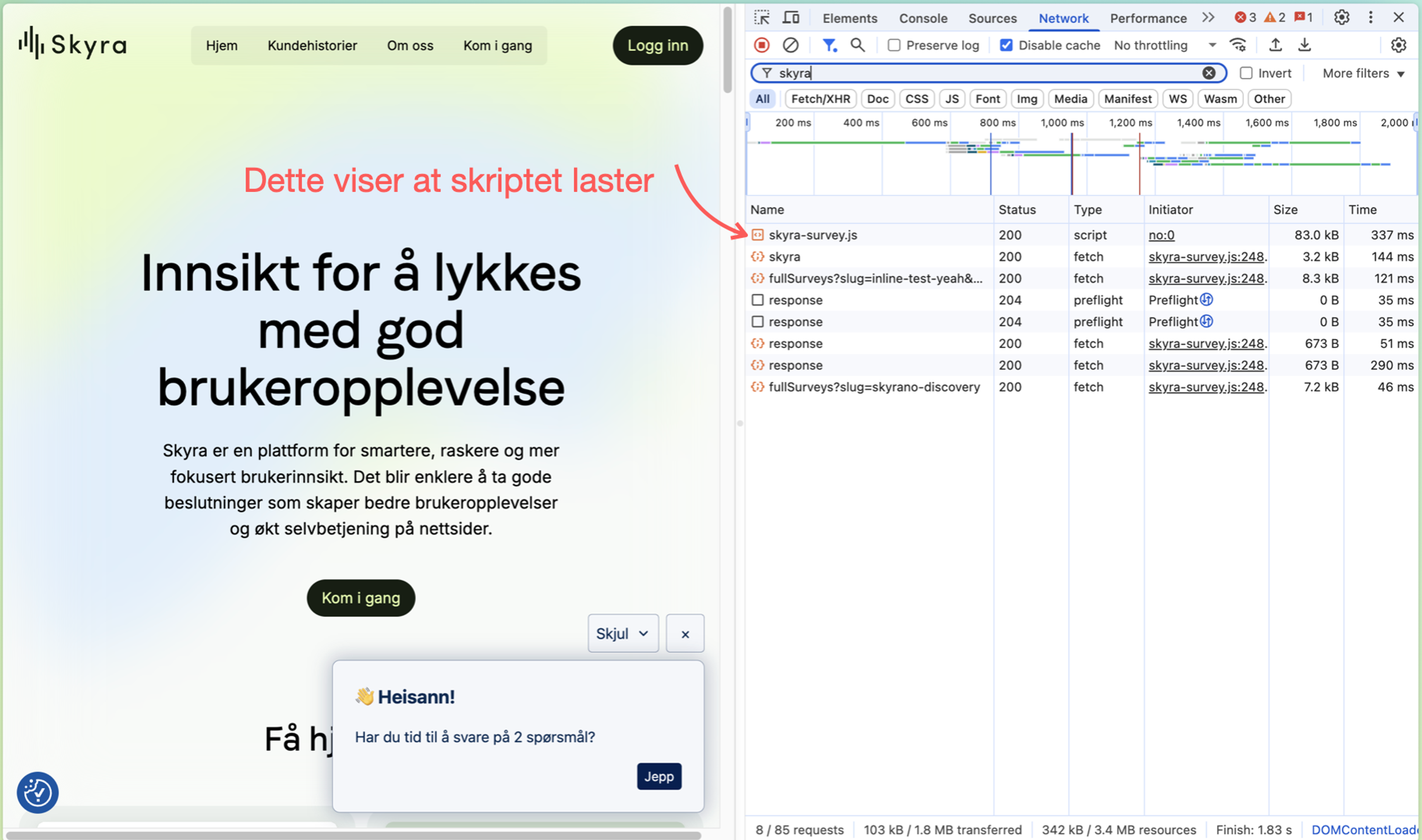 Illustrasjon: Hvordan sjekke at scriptet lastes på nettsiden?