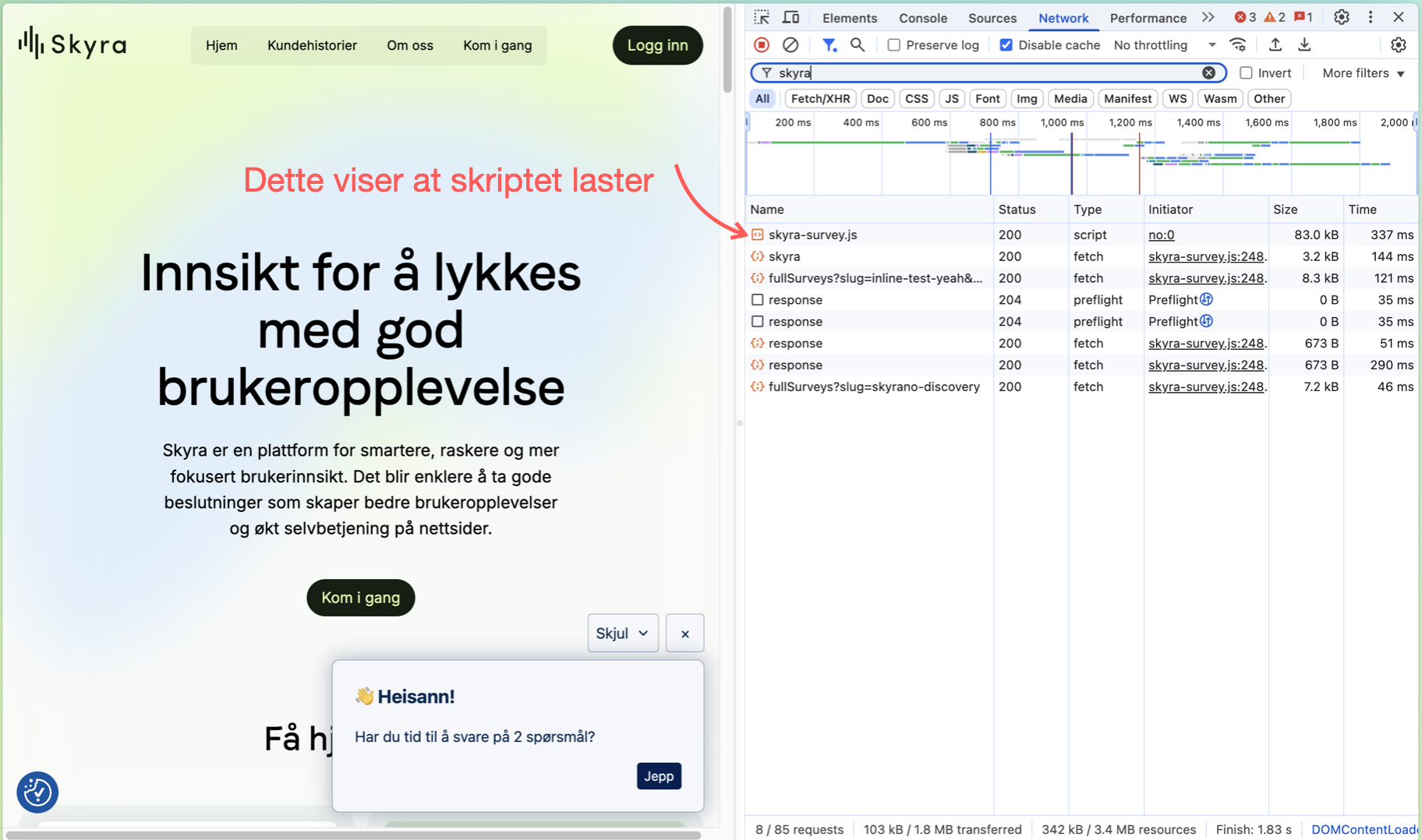 Illustrasjon: Hvordan sjekke at scriptet lastes på nettsiden?