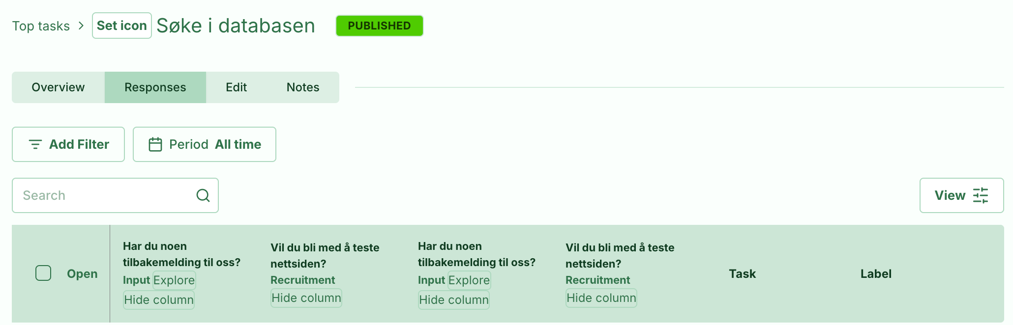 Screenshot: 1.5 Responses moved to a separate view with only relevant columns