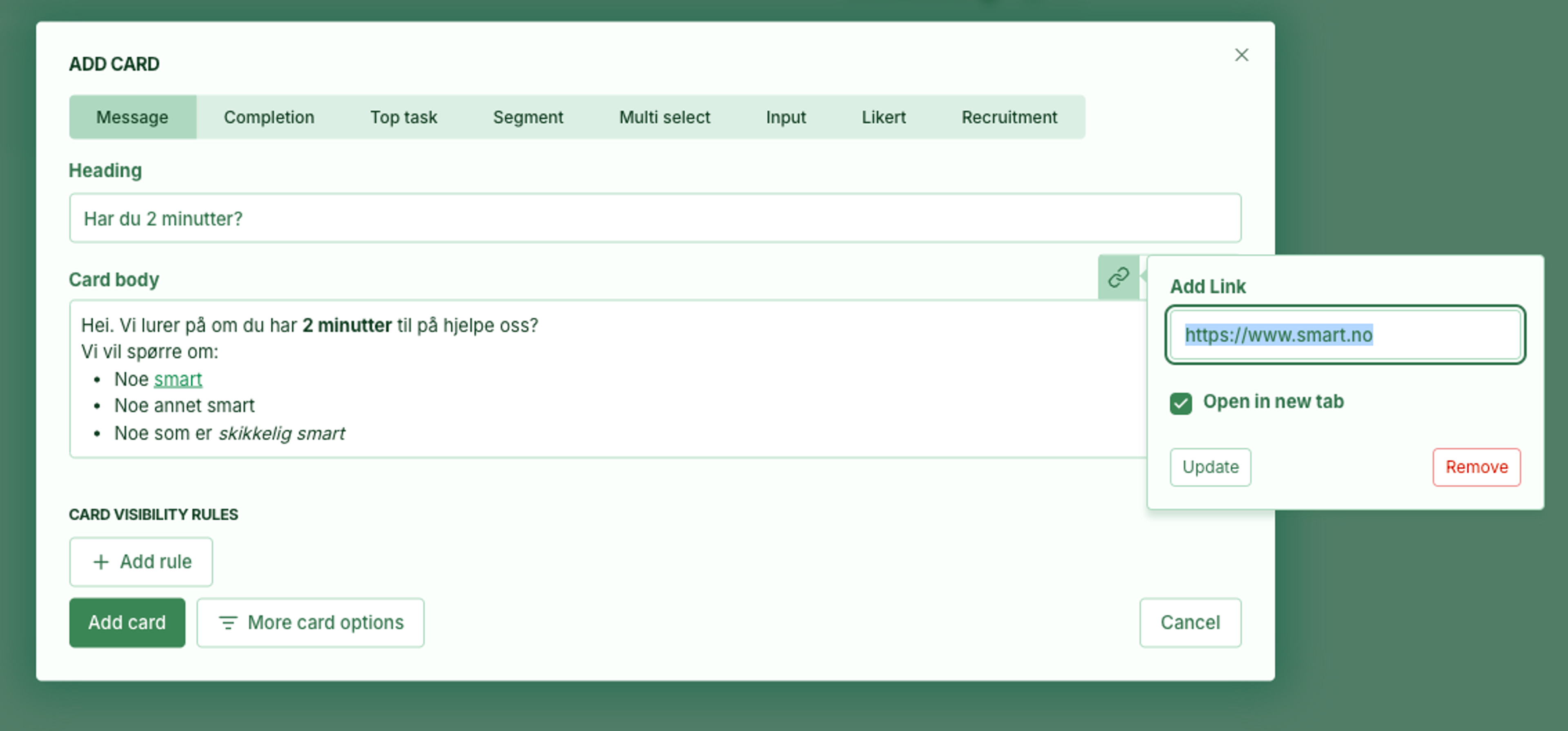 Screenshot: 1.0 Rich text formatting on cards