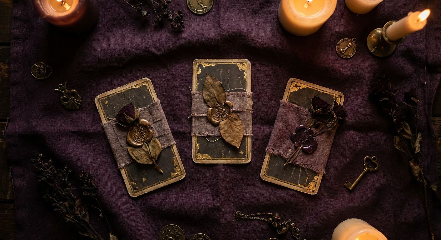 Kolme tarot-korttia levitettynä tummalle liinalle kynttilänvalossa