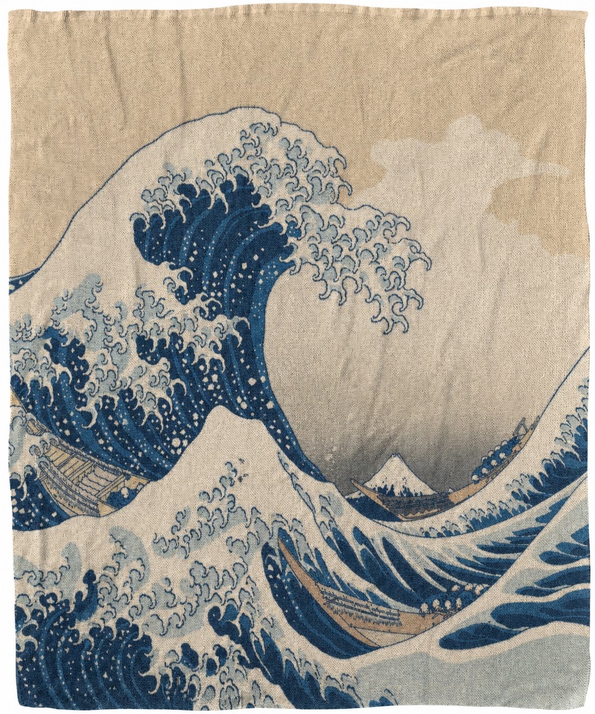 Product render of a custom woven blanket featuring The Great Wave artwork