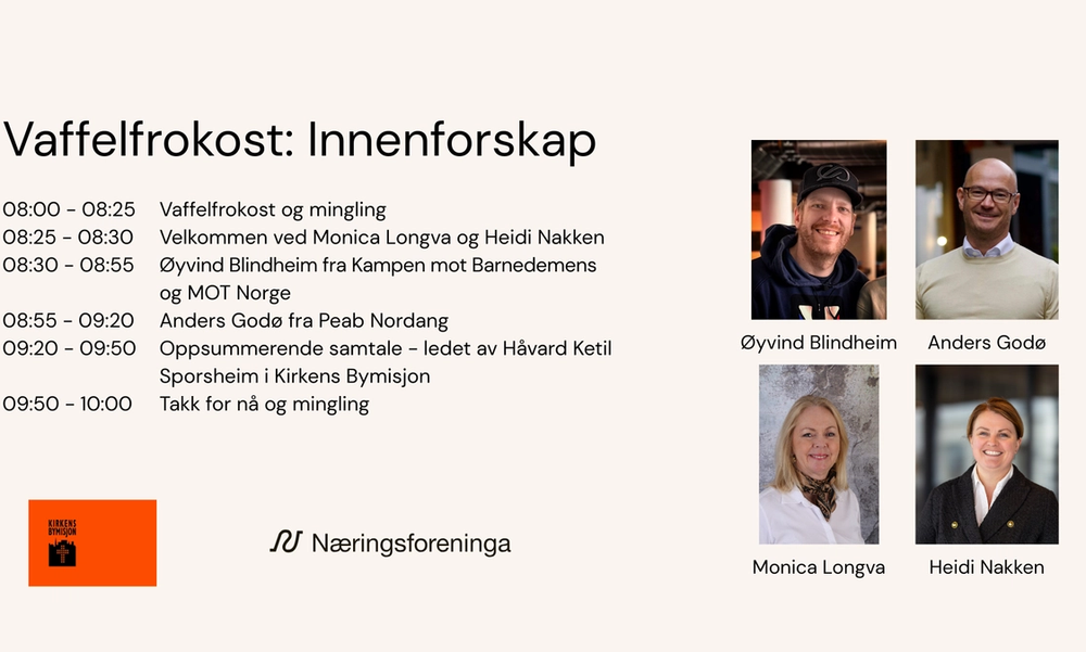 Tekst med program for dagen og bilder av fire mennesker