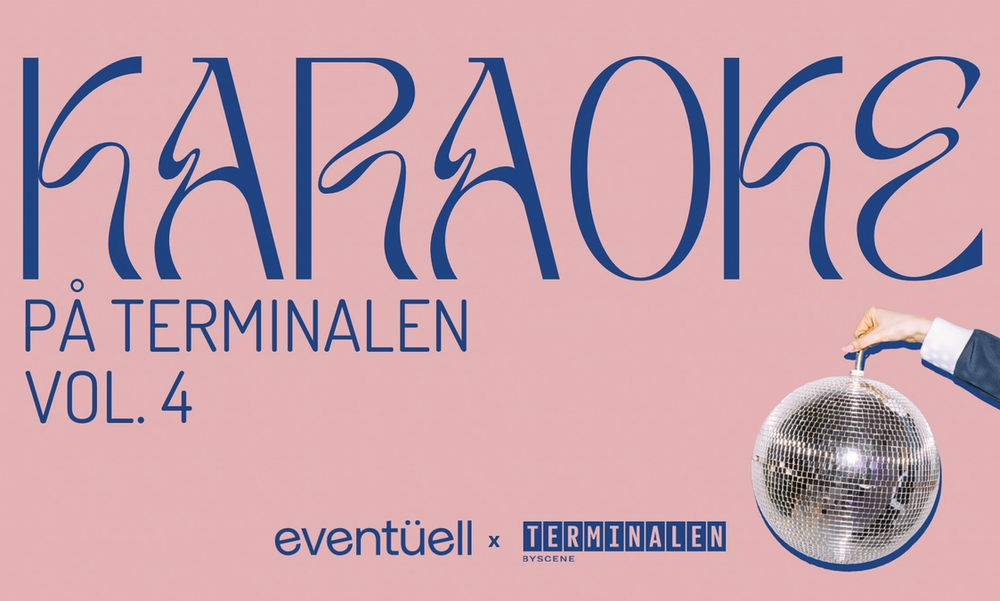 En plakat med rosa bakgrunn og blå skrift