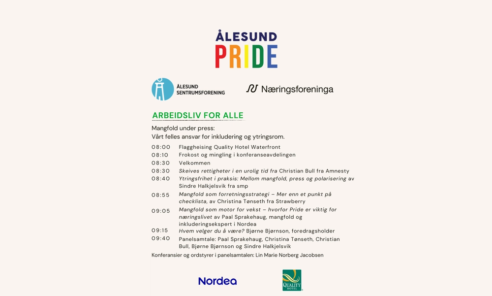Agenda for frokostmøte under Pride med fem logo og tidspunkt