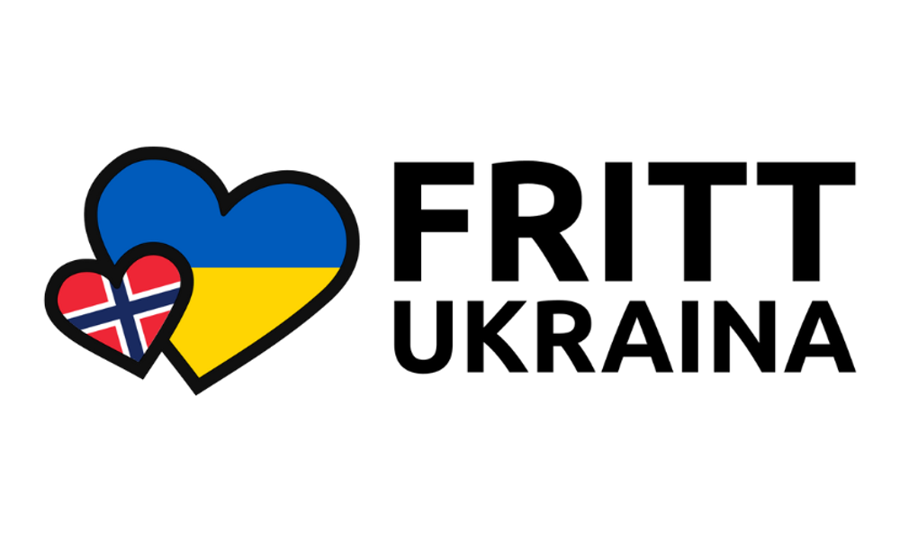 Lite hjerte med norsk flagg og stort hjerte med ukrainsk flagg og teksten Fritt Ukraina