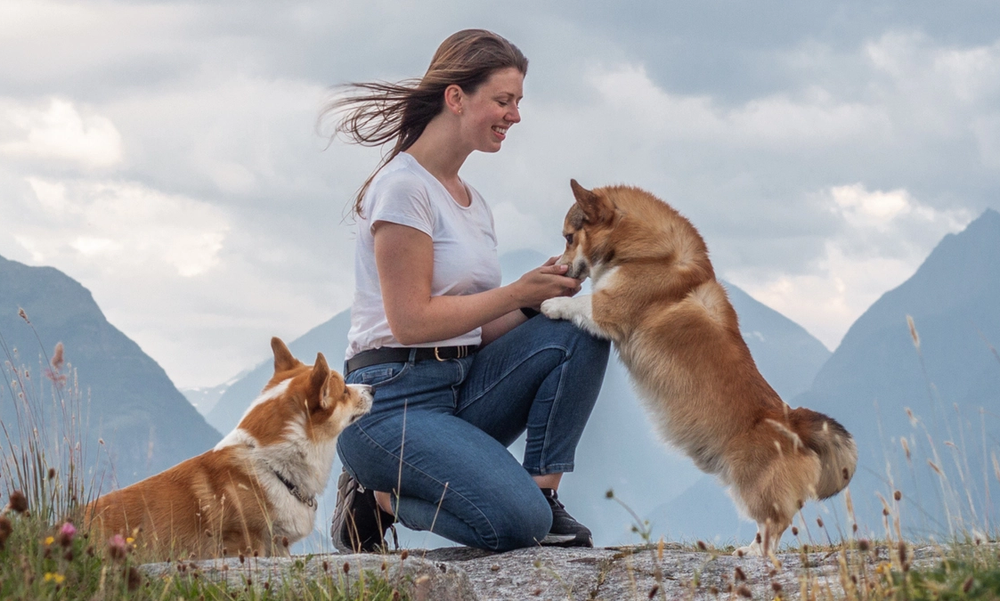 Person utendørs med to hunder