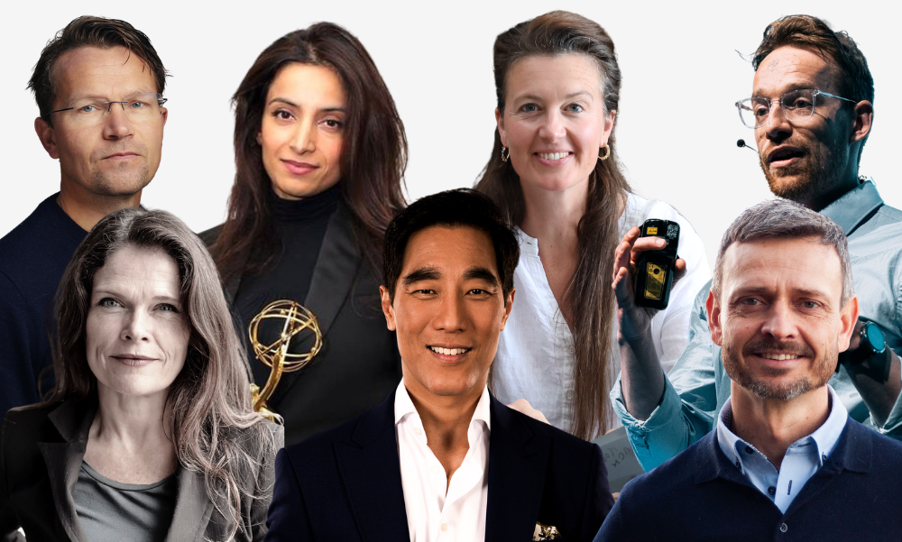 Fire menn og tre kvinner på plakat uten bakgrunn.