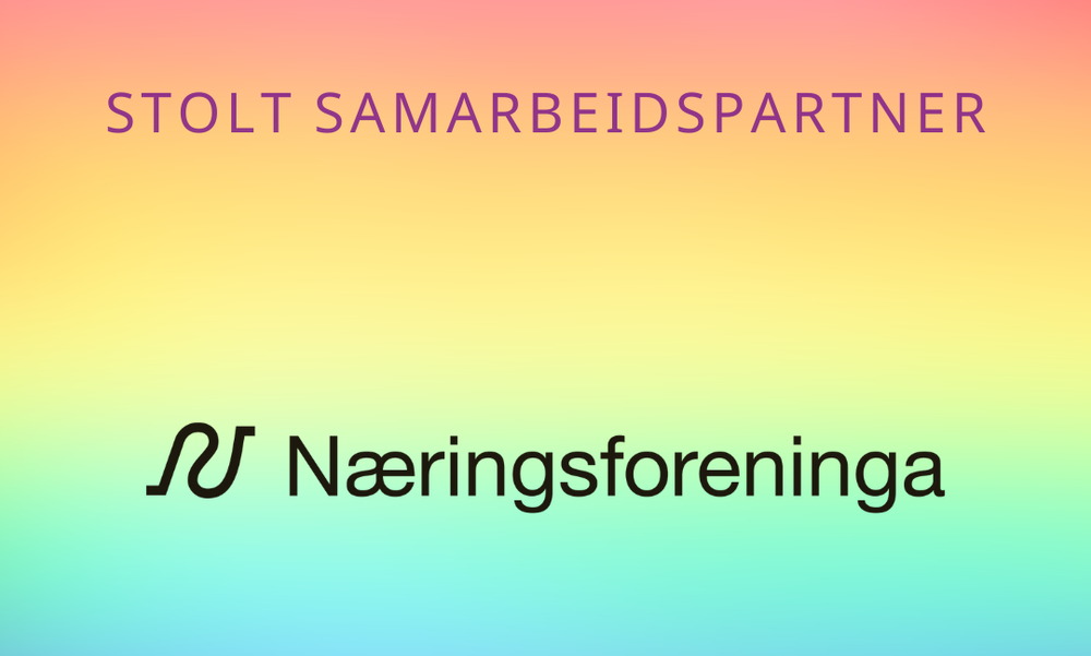 Plakat med regnbuefarger og teksten "Stolt samarbeidspartner" og Næringsforeninga sin logo.