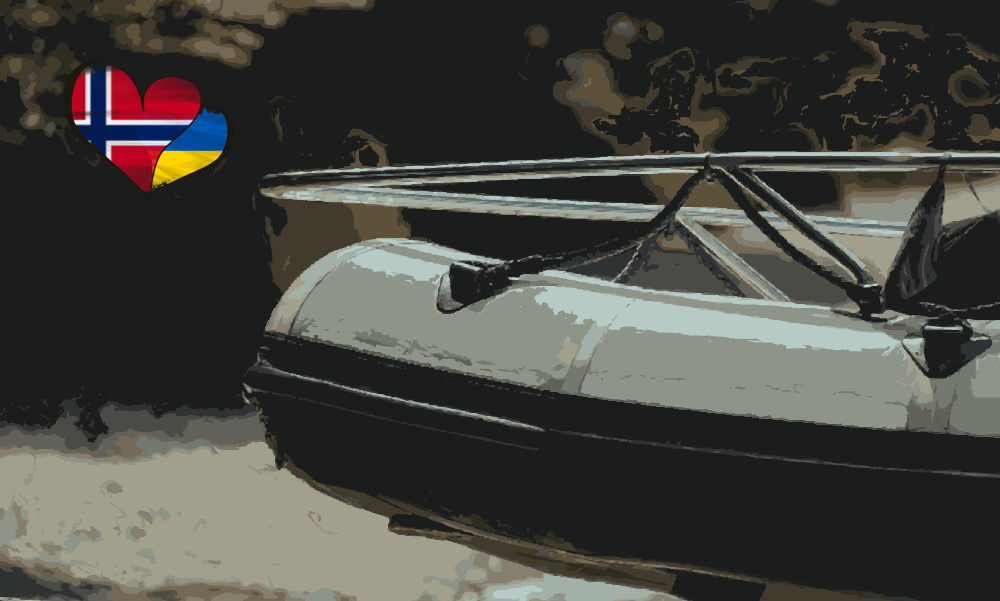 Baugen av en rib og to hjerter i venstre hjørnet i fargene til det ukrainske og det norske flagget.